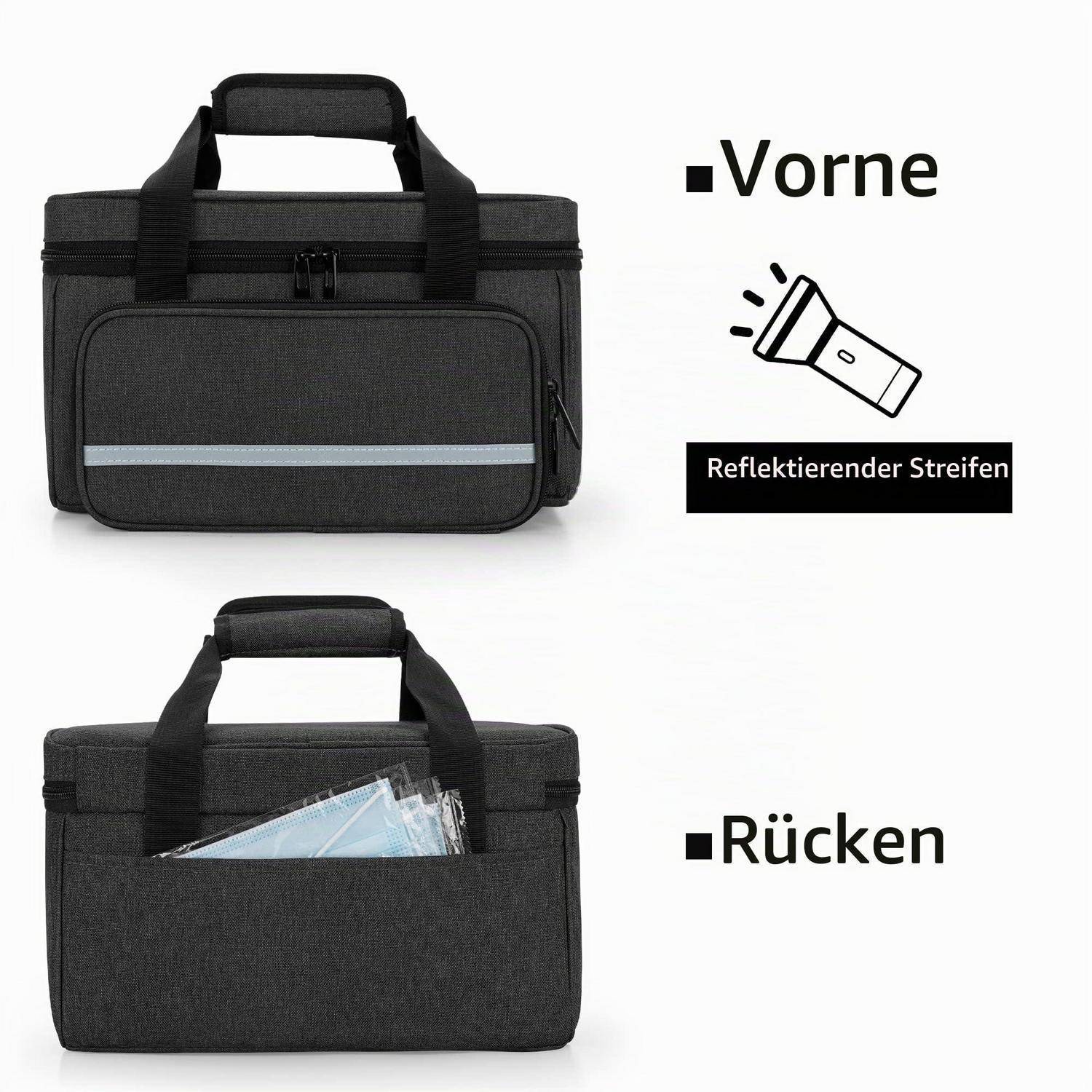 Schwarze isolierte Tragetasche von vorne und hinten gezeigt, mit Griff, Frontreißverschlusstasche, Rückentasche und reflektierendem Streifen.