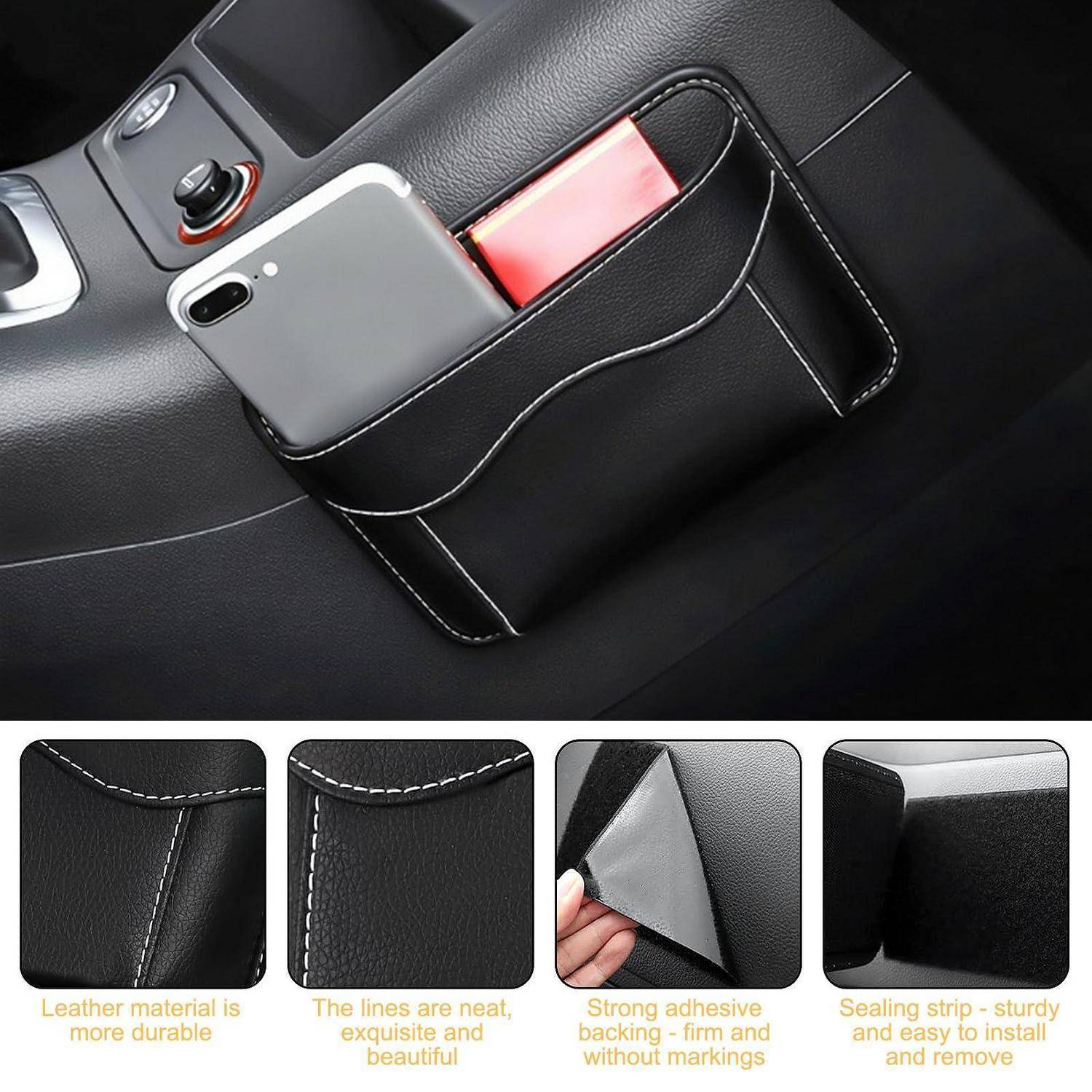 Schwarze Lederautositz-Organizer-Tasche, die ein Smartphone und einen roten Gegenstand hält; die unteren Einsätze zeigen Materialien, Nähte, Klebstoffträger und Abdichtungsstreifen-Merkmale.