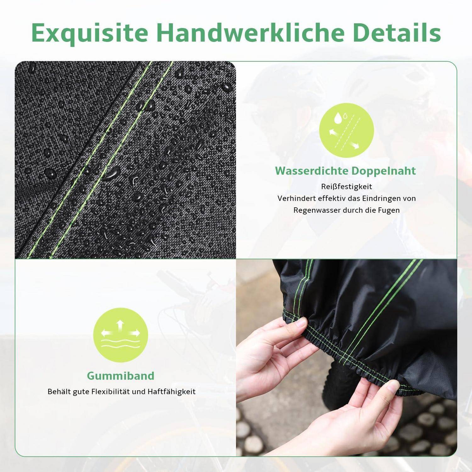 Collage zeigt wasserdichte Doppelnähte und elastischen Saum auf schwarzem Stoff; deutsche Beschriftungen heben „Wasserdichte Doppelnäht", „Reißfestigkeit"" und „Gummiband"" hervor.