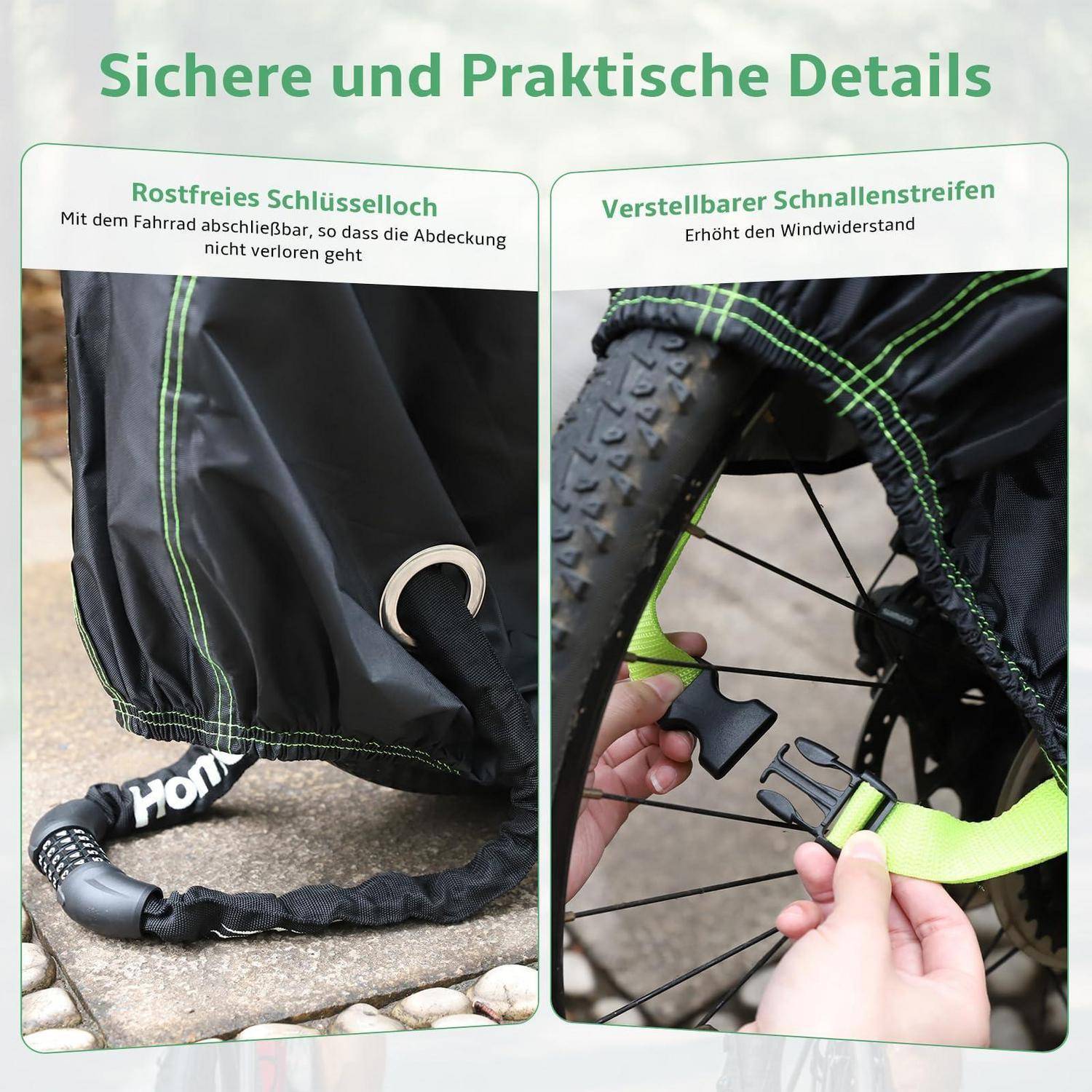 Werbegrafik mit zwei Fahrradabdeckungs-Features: einem rostfreien Schlüsselverschluss zur Sicherung der Abdeckung und einem verstellbaren Zugband, das den Windwiderstand erhöht.