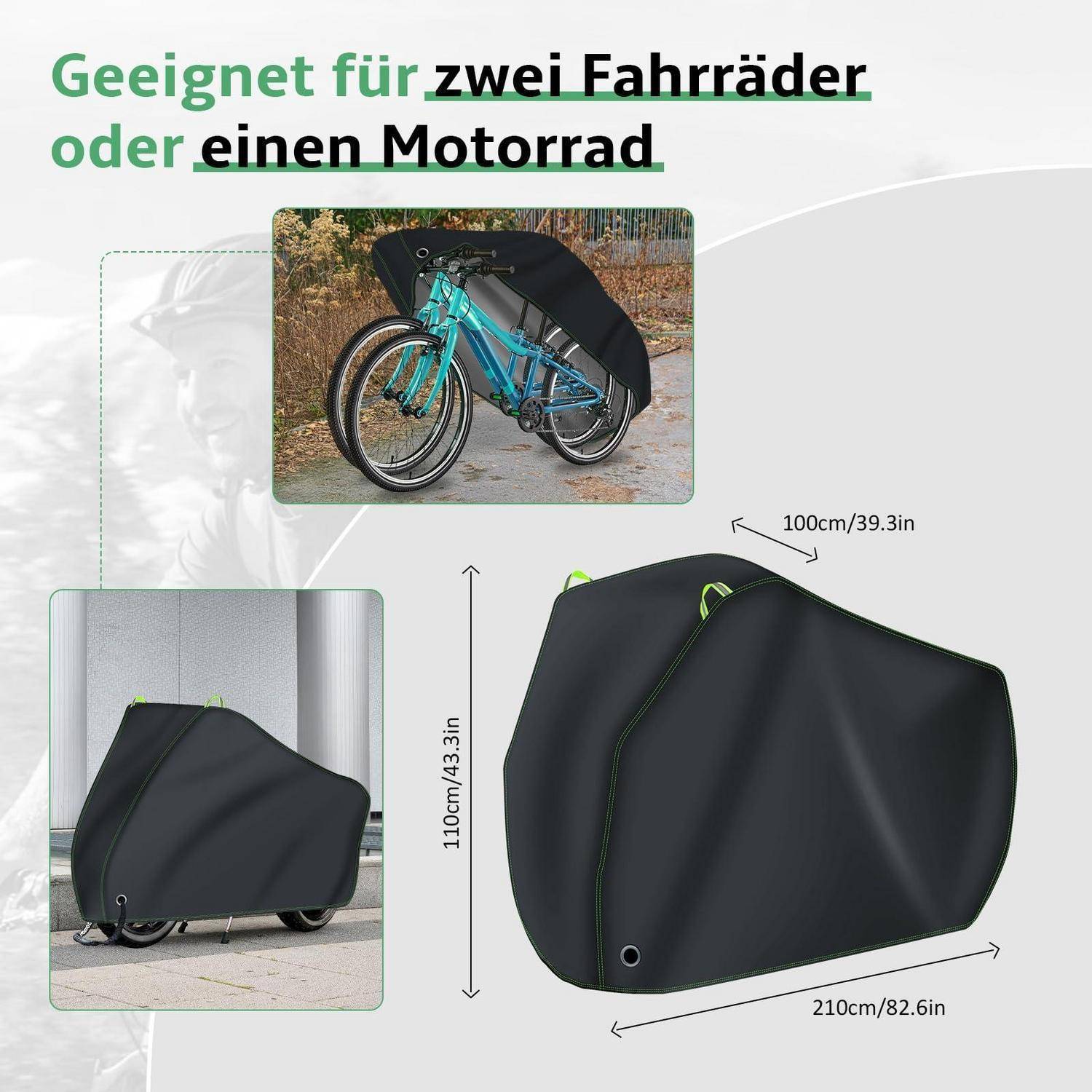 Infografik einer schwarzen Fahrrad- oder Motorradabdeckung, dargestellt auf zwei Fahrrädern und in Gebrauch, mit den Abmessungen 210 x 110 x 100 cm und dem Text „Geeignet für zwei Fahrräder oder ein Motorrad".