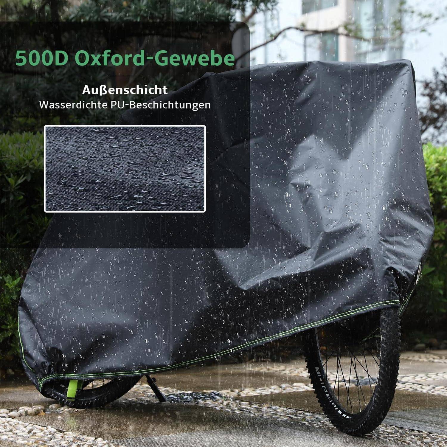Regenfester schwarzer Fahrradverschluss aus "500D Oxford-Gewebe"" mit ""Außenschicht"" und ""Wasserdichte PU-Beschichtungen"" Textüberlagerung.