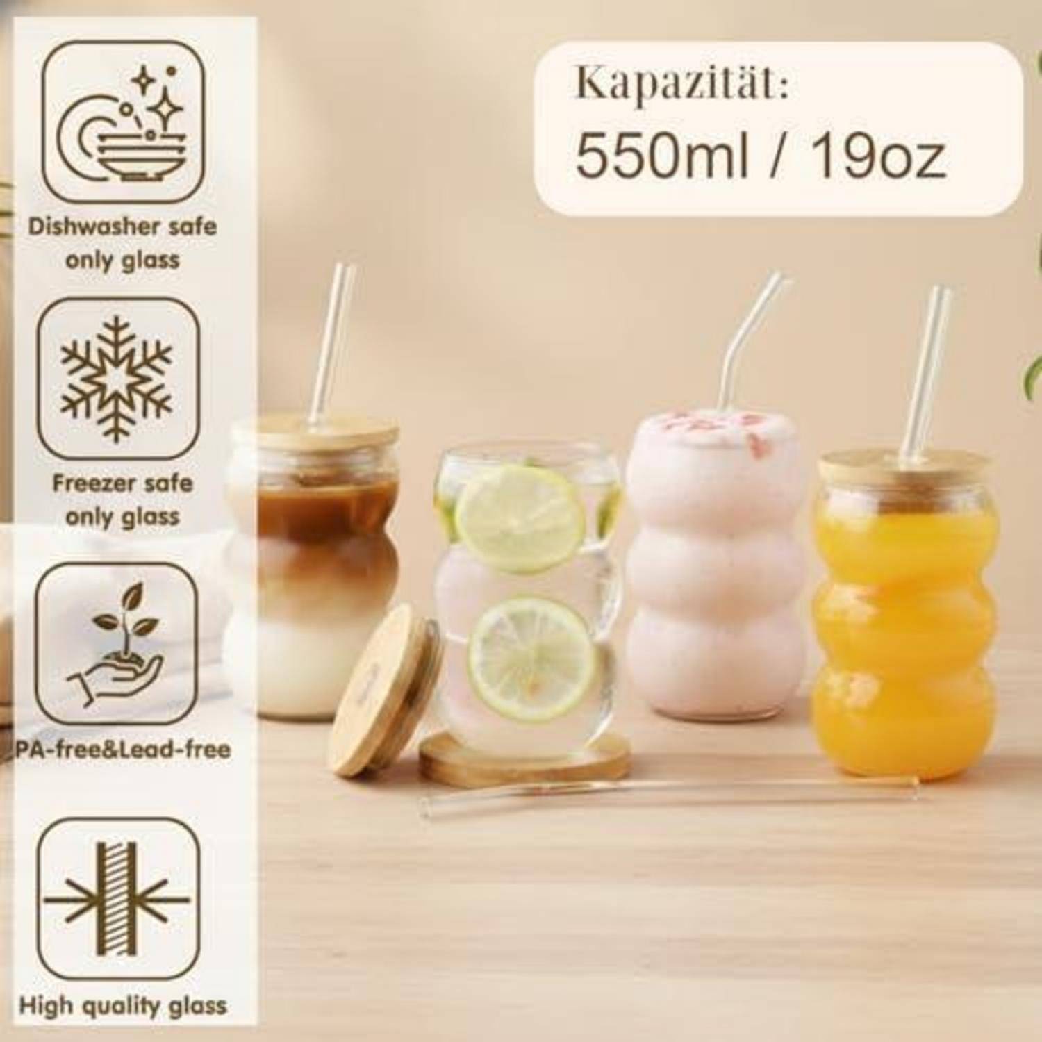 Produktbild von strukturiertem Glas mit Strohhalmen, das eine Kapazität von 550 ml/19 oz zeigt und Sicherheitssymbole enthält: spülmaschinenfest, gefrierschrankfest, bleifrei, hochwertiges Glas.