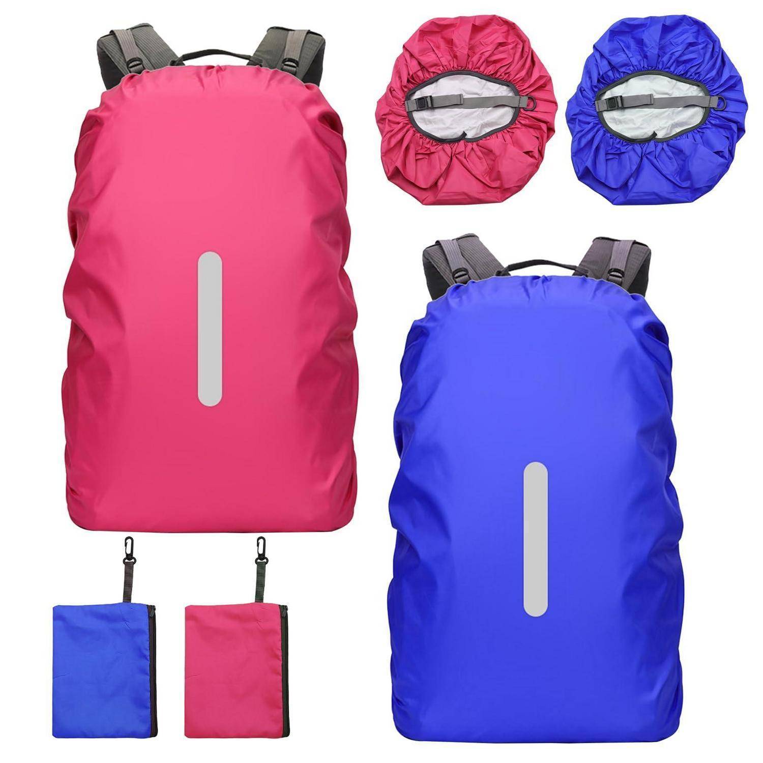 Wasserdichte Rucksackabdeckung in Rosa und Blau mit elastischer Öffnung und reflektierendem Streifen, plus zusammengefaltete Aufbewahrungstasche