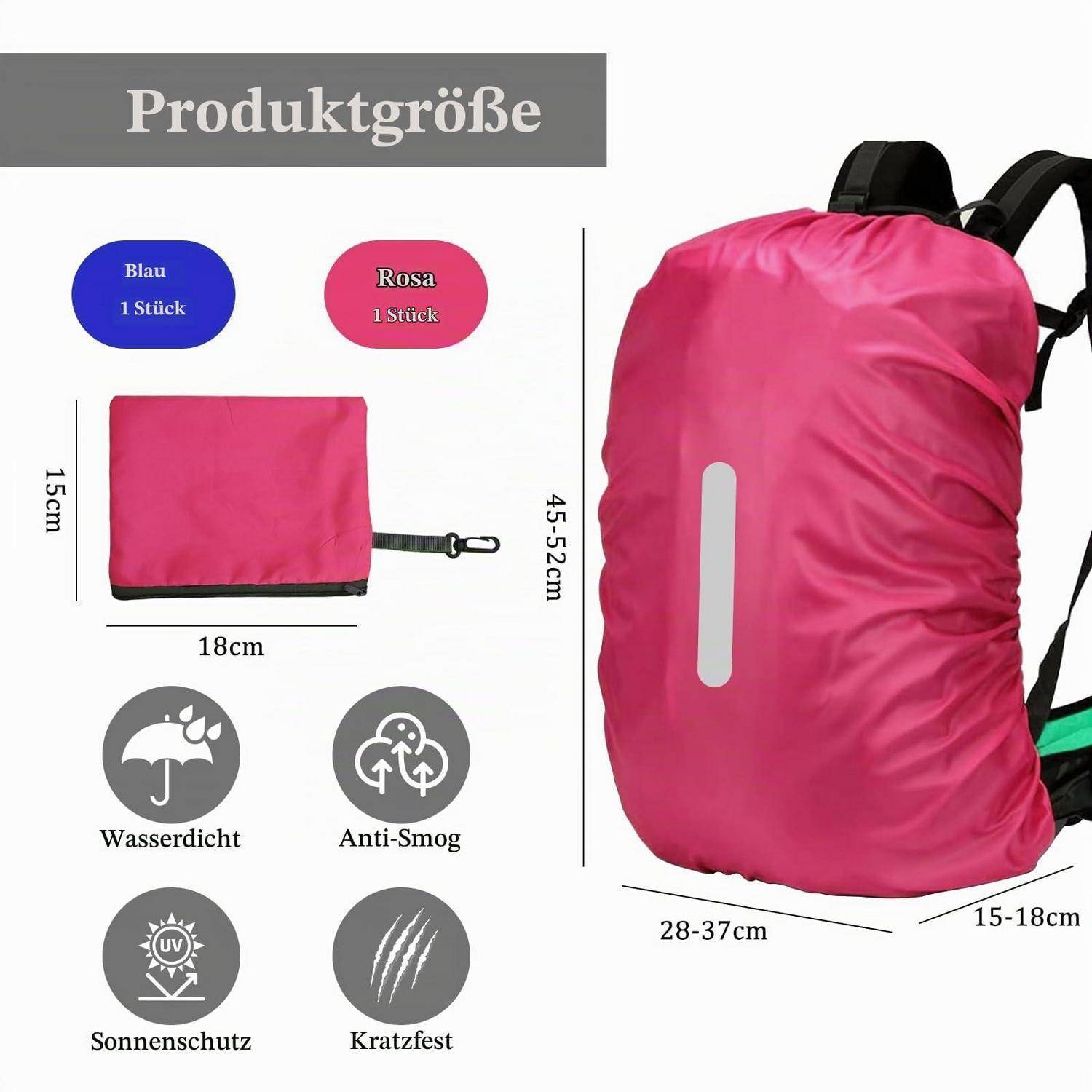 Produktgrößendiagramm für eine faltbare Rucksackabdeckung in Blau oder Rosa, mit Abmessungen 45-52 cm, 28-37 cm, 15-18 cm, einer Taschengröße von 18 cm x 15 cm und Symbolen für wasserdicht, anti-Smog, UV-Schutz und kratzfest.