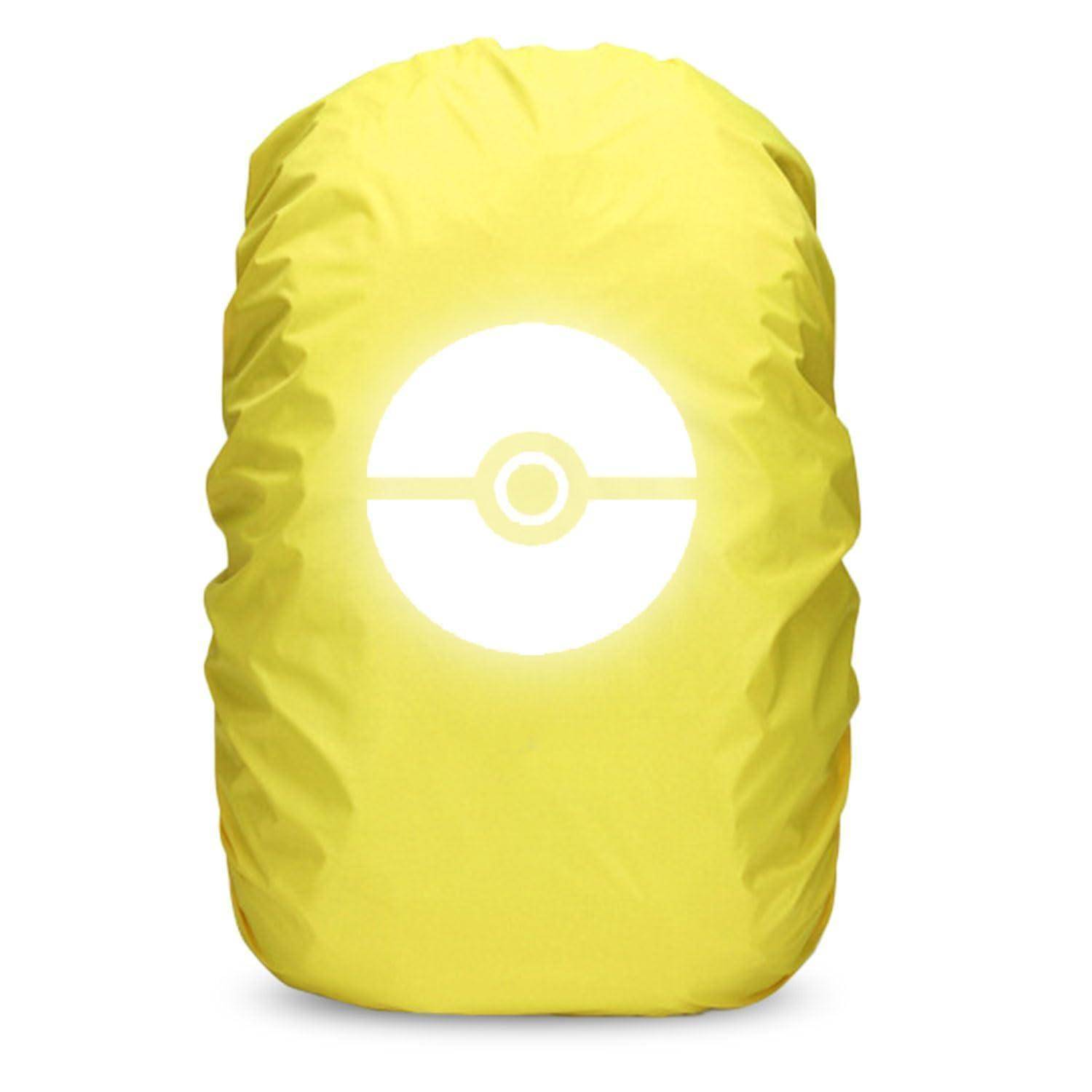 Gelber Rucksack mit einem zentrierten weißen Poké Ball-ähnlichen Emblem auf der Vorderseite.
