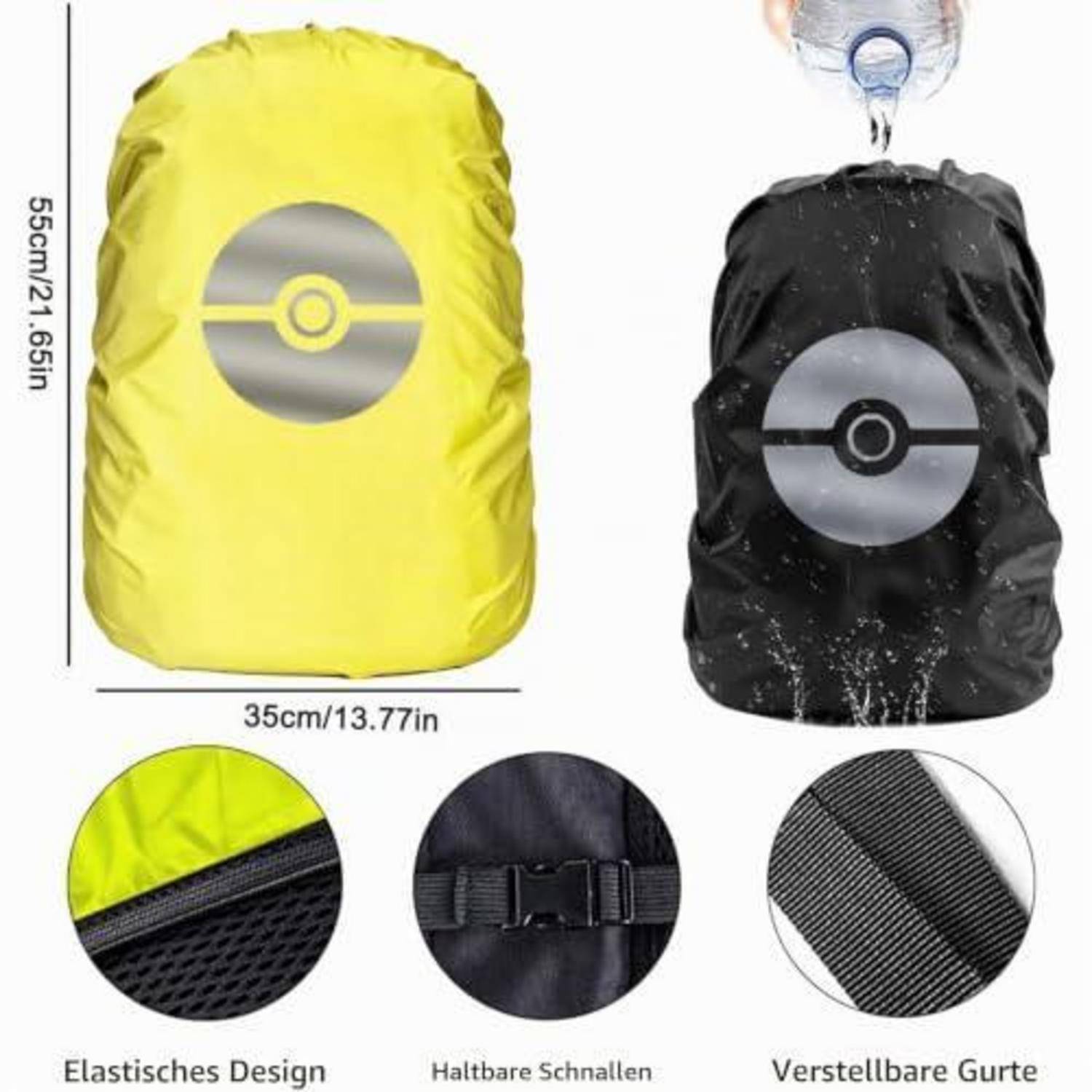 Produktabbildung einer wasserdichten Rucksack-Regenschutzhülle in Gelb und Schwarz, mit den Maßen 55 cm x 35 cm und Merkmalen wie elastisches Design, Schnallen und verstellbare Riemen.