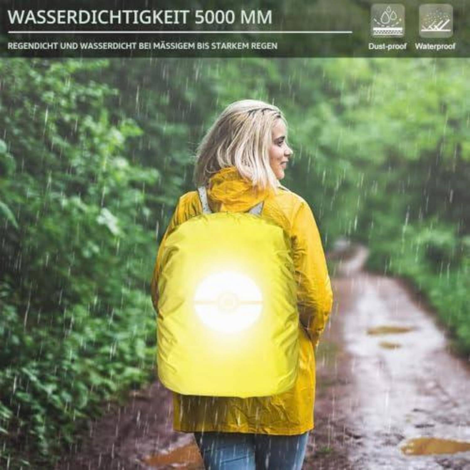 Frau in einer gelben Regenjacke mit leuchtend farbigem Rucksackschutz, die auf einem Waldweg im starken Regen geht; der Text sagt „WASSERDICHTIGKEIT 5000 MM" und „Staubdicht"", „Wasserdicht"".