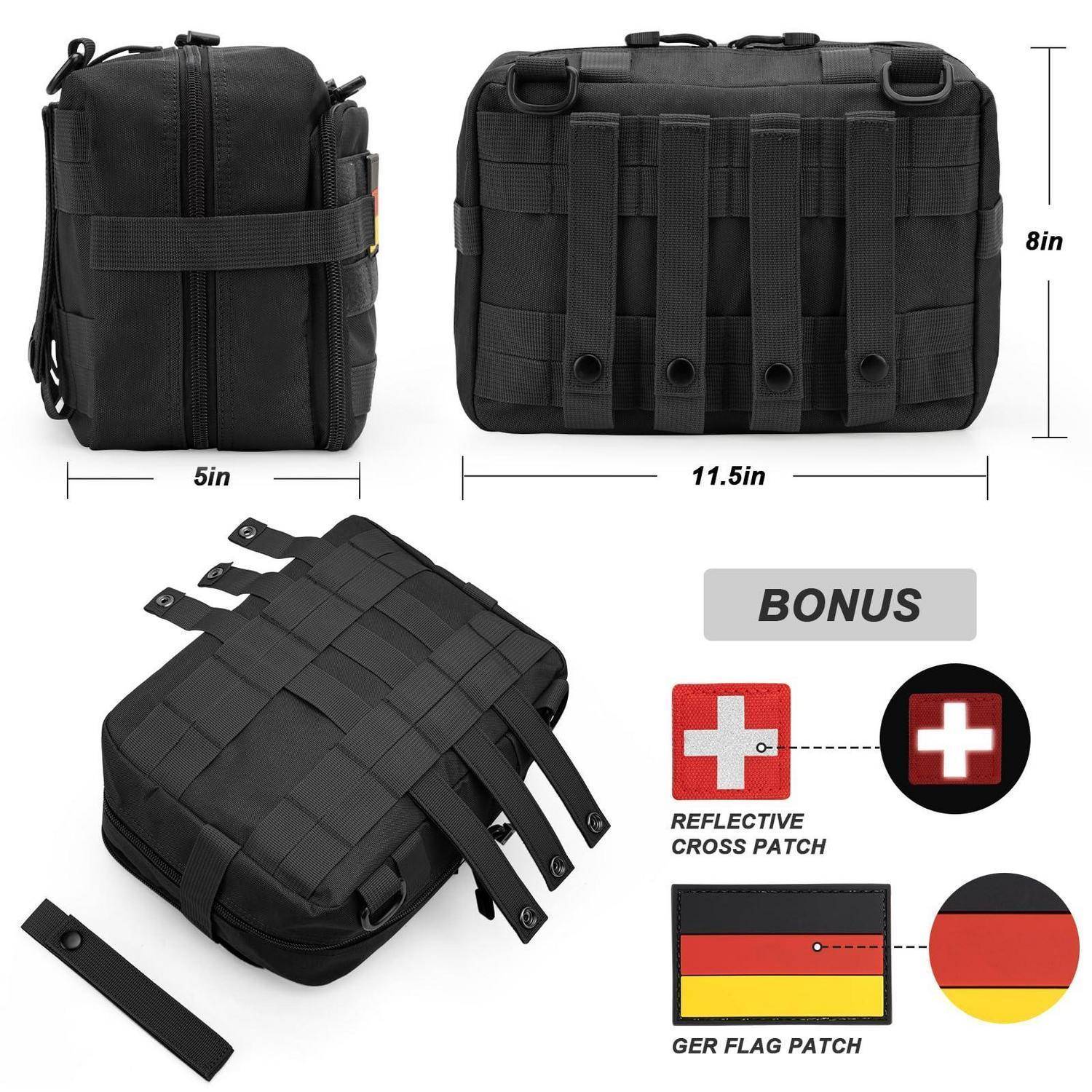 Schwarze taktische Tasche von mehreren Winkeln gezeigt mit den Abmessungen 5 Zoll x 11,5 Zoll x 8 Zoll und bonus reflektierendem Kreuz sowie deutschen Flaggenaufnähern.