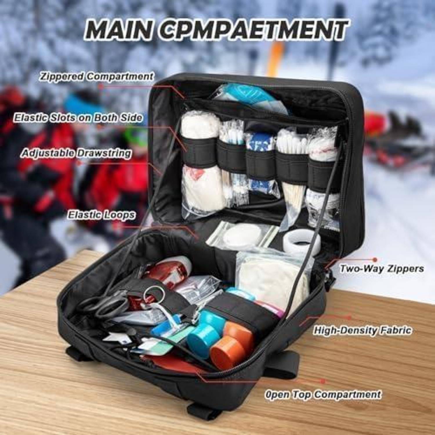 Offener schwarzer Reise-Organizer-Rucksack mit beschrifteten Fächern und Funktionen: Hauptfach, Reißverschlusstaschen, elastische Schlitze, Schlaufen, verstellbarer Kordelzug, zweiweige Reißverschlüsse und hochdichtes Gewebe.