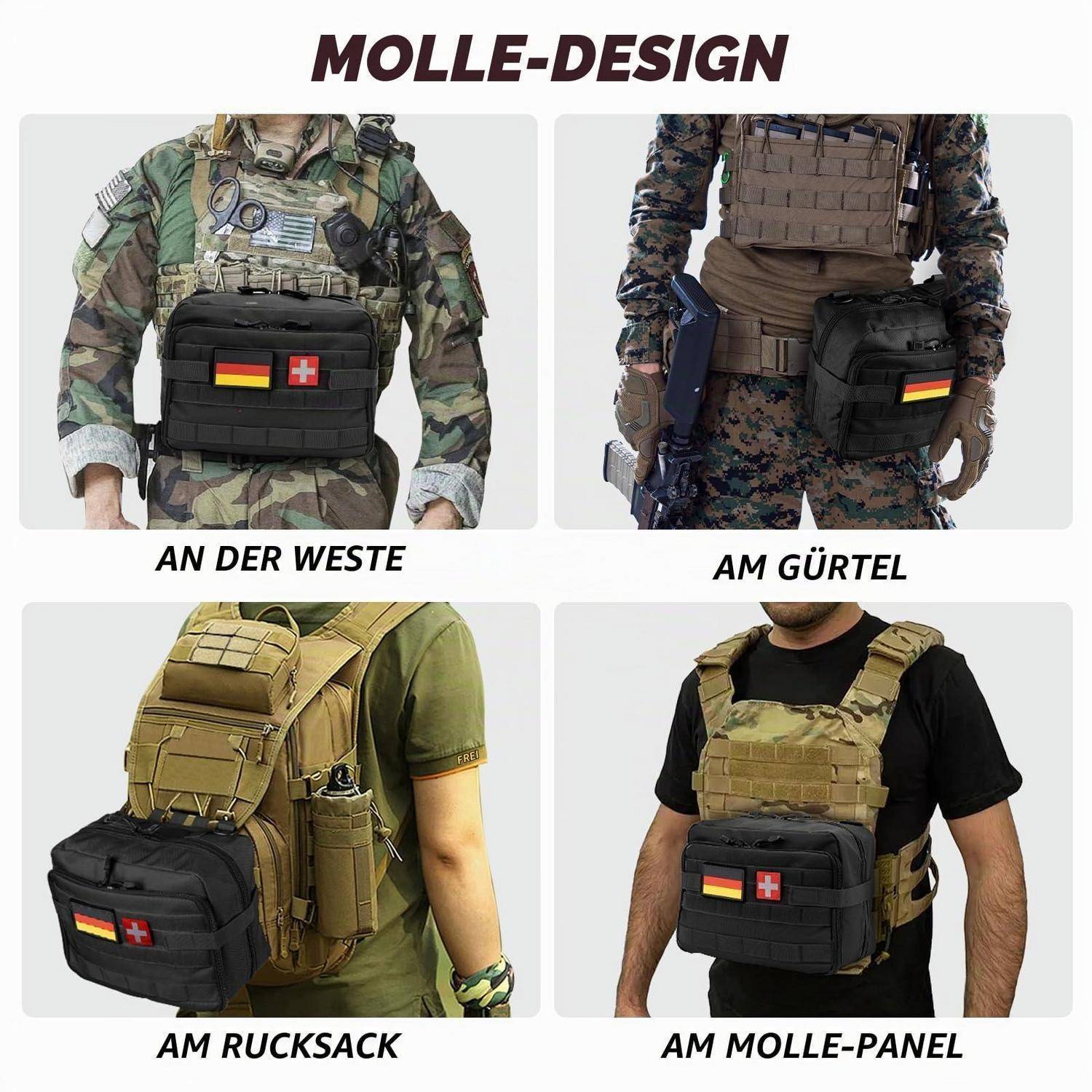# Vier Fotos zeigen eine taktische MOLLE-Tasche, die an einer Weste, einem Gürtel, einem Rucksack und einem MOLLE-Panel getragen wird, auf Deutsch beschriftet.
