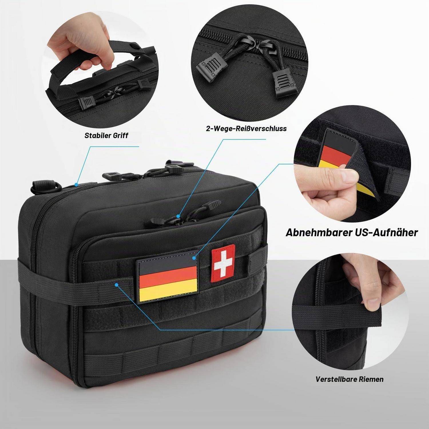 Schwarze Tasche mit Griff, doppelten Reißverschlüssen, verstellbaren Riemen und abnehmbaren Deutschland- und Schweiz-Patches in Nahaufnahmen dargestellt.