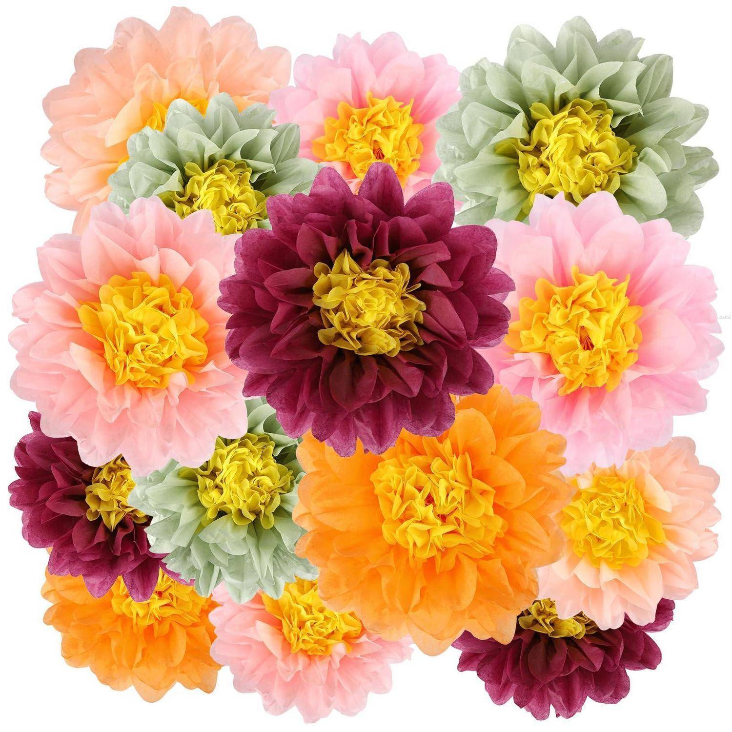 Eine Gruppe farbenfroher, dahlienähnlicher Blüten in Rosa, Pfirsich, Gelb, Grün, Lila und Orange auf weißem Hintergrund.
