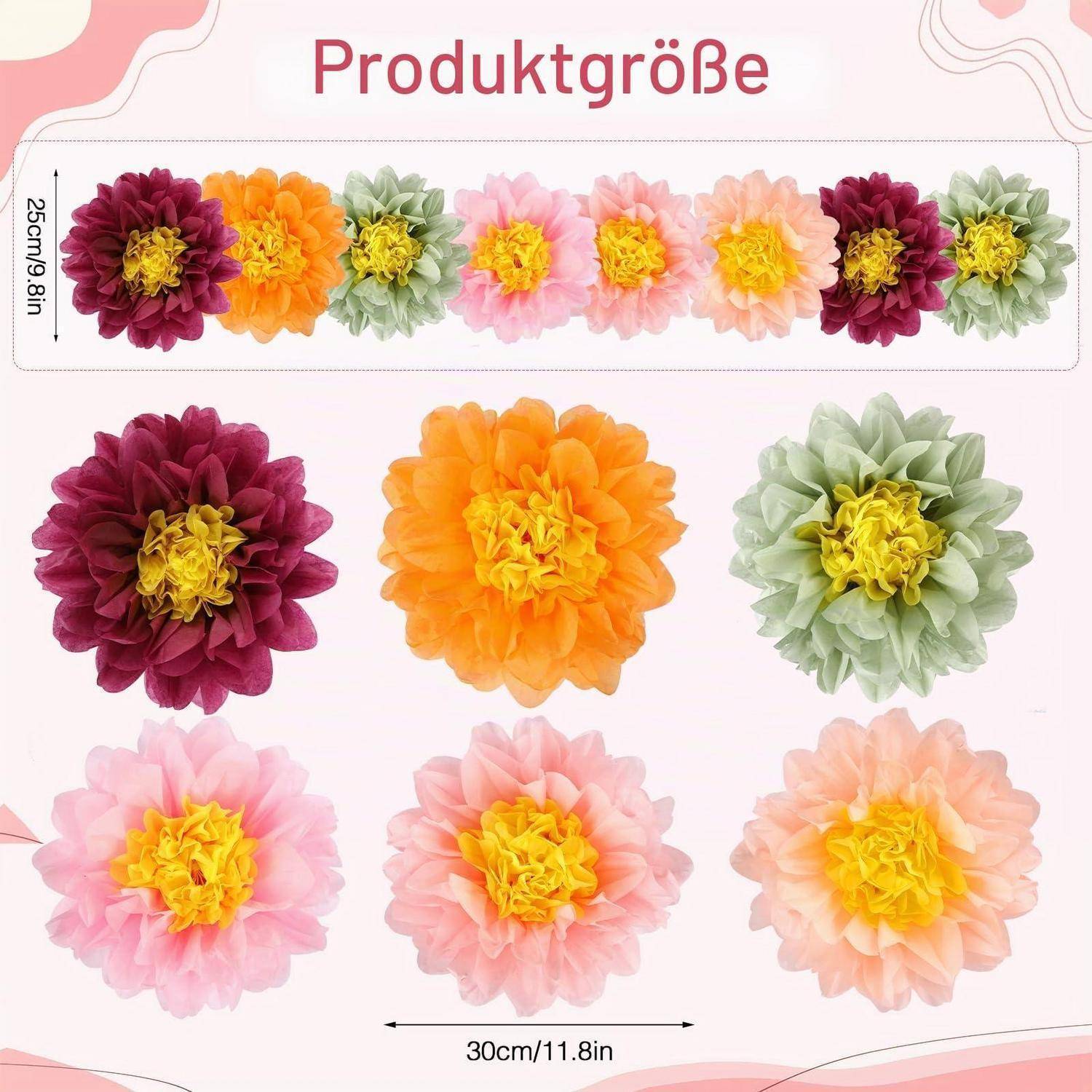 Größentabelle für Kunstblumen in fünf Farben mit Abmessungen 25 cm / 9,8 Zoll Höhe und 30 cm / 11,8 Zoll Breite.