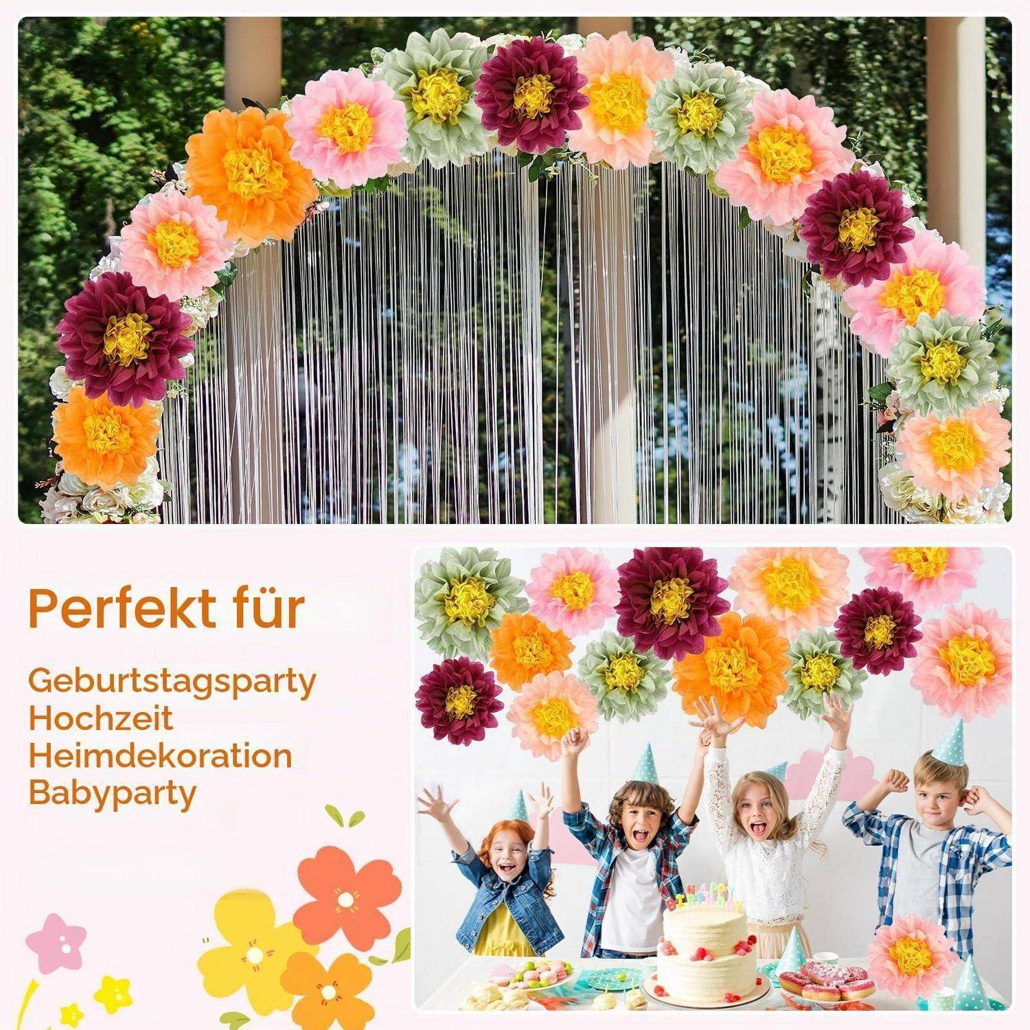 Promotives Plakat mit einem farbenfrohen Blumenbogen und Kindern auf einer Geburtstagsfeier mit dem Text „Perfekt für" und aufgelistete Verwendungszwecke für Geburtstags-, Hochzeits-, Wohn- und Babyparty-Dekoration.
