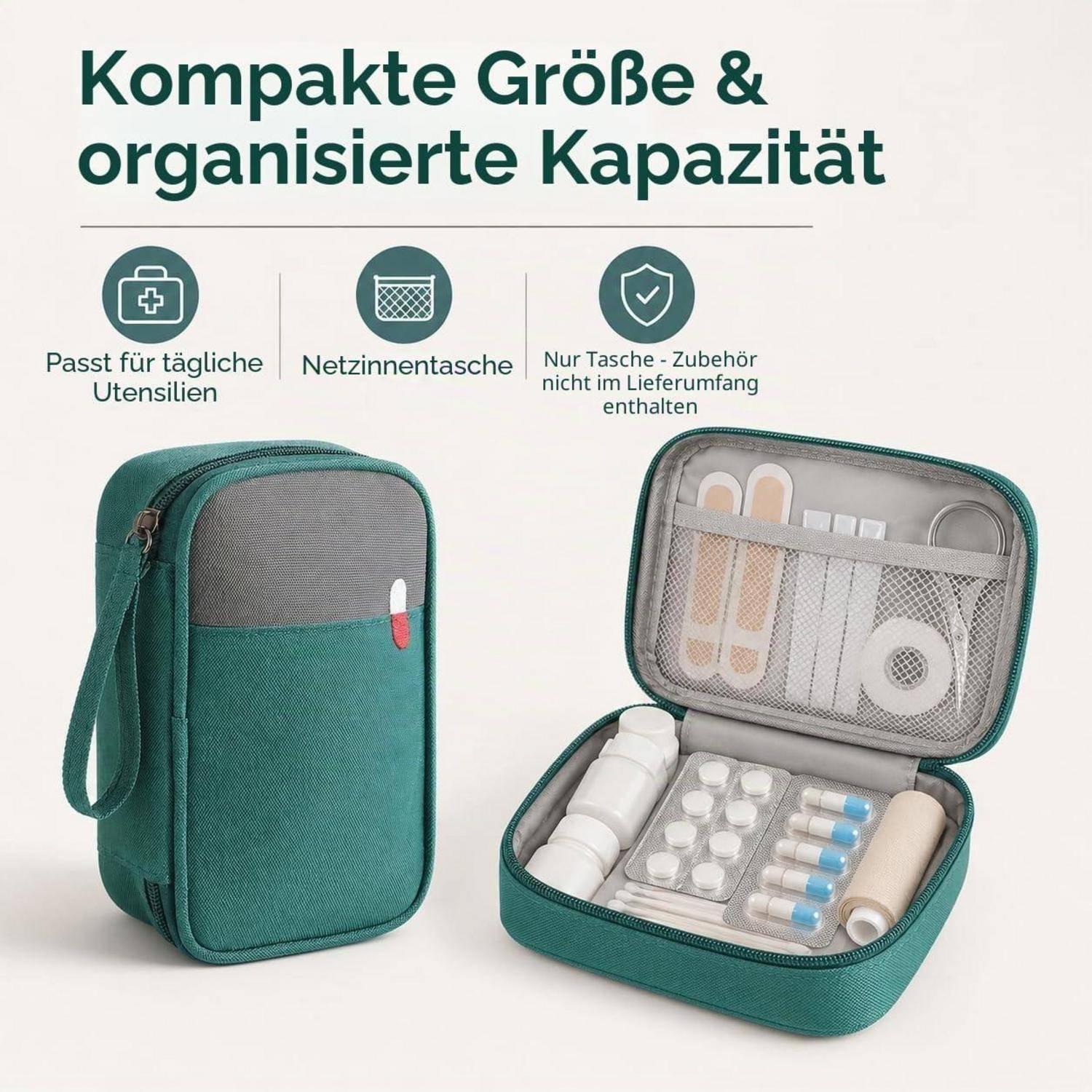 Grüne Reißverschluss-Medizintasche, geschlossen und geöffnet gezeigt, mit Pillenfläschchen, Tabletten und Netztaschen; Text sagt kompakte Größe und organisierte Kapazität.