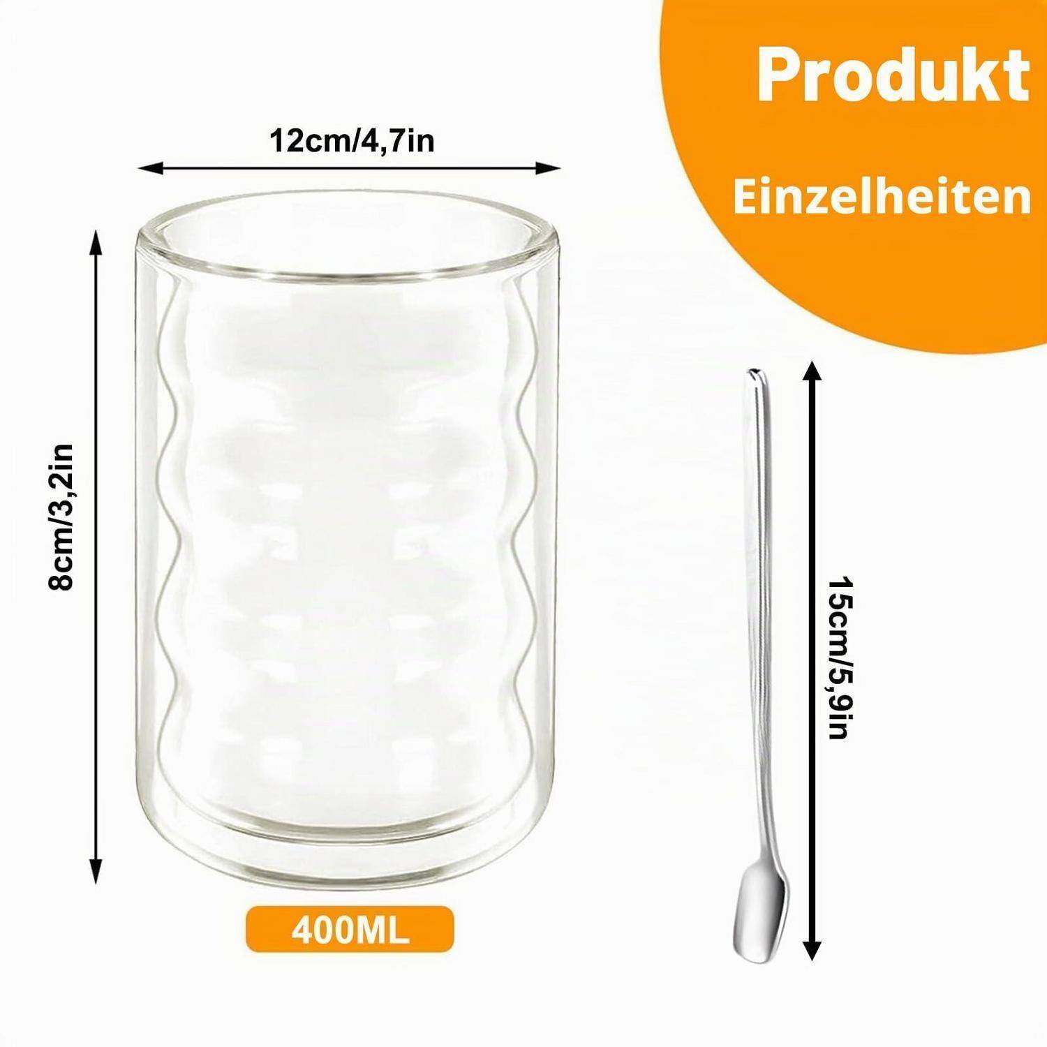 Produktdetails-Diagramm mit einer 400-ml-Glastasse, 8 cm hoch und 12 cm breit, und einem 15-cm-Löffel daneben.