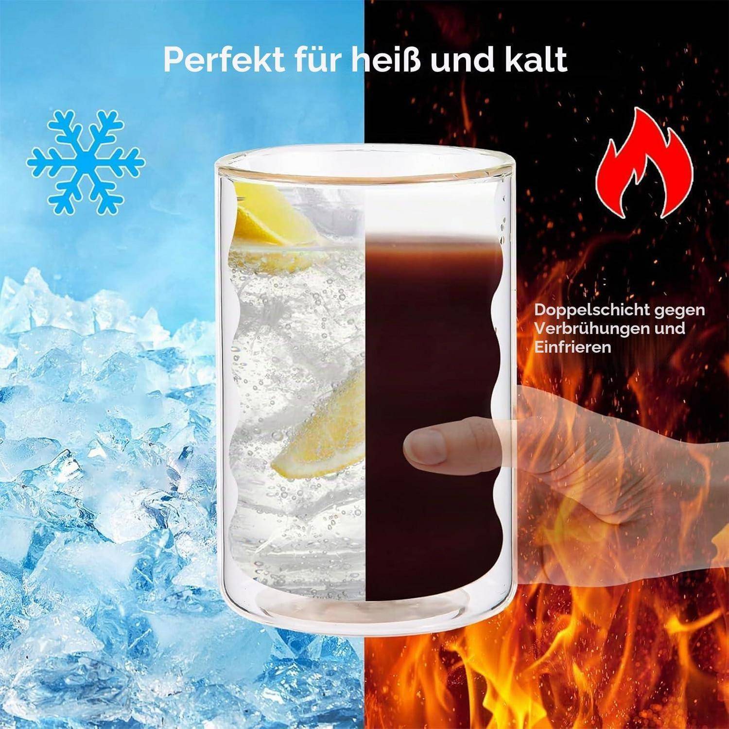 Werbebild einer doppelwandigen Glasvase mit heißem Getränk auf einer Seite und eisgekühltem Getränk auf der anderen Seite, beschriftet mit "Perfekt für heiß und kalt"" und ""Doppelschicht gegen Verbrühungen und Einfrieren"".