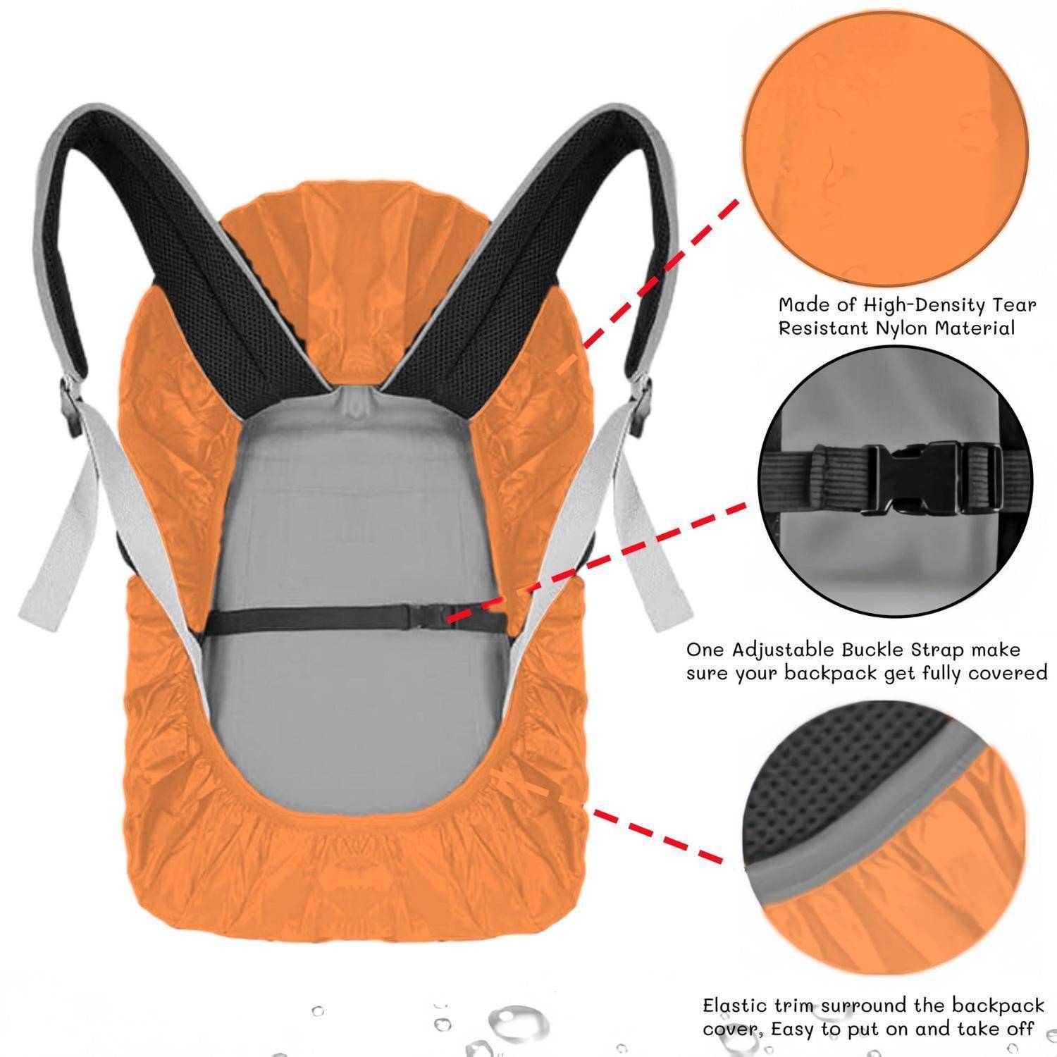 Orangefarbener Rucksackregencover mit schwarzen Schultergurten, gezeigt mit Nahaufnahmen, die reißfestes Nylon, verstellbaren Schnallengurt und elastischen Rand für sicheren Sitz hervorheben.