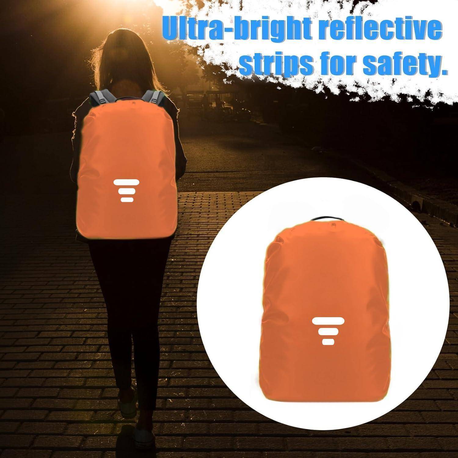 Person mit einem orangefarbenen Rucksack mit reflektierenden Streifen bei Sonnenuntergang; die Einleitung zeigt das Rucksack-Produkt mit dem Text „Ultra-helle reflektierende Streifen für Sicherheit."