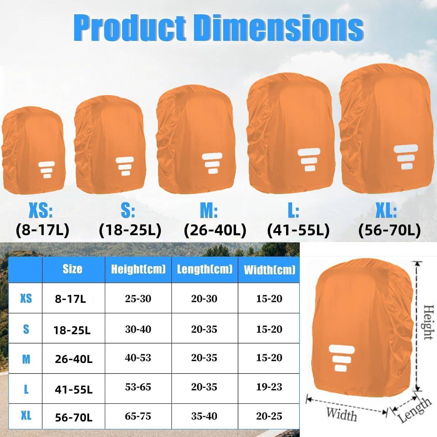 Produktdimensionstabelle für orange Rucksackschutzüberzüge, mit fünf Größen XS bis XL mit Kapazitätsbereichen von 8-17L bis 56-70L und eine Tabelle mit Höhen-, Längen- und Breitenmessungen.