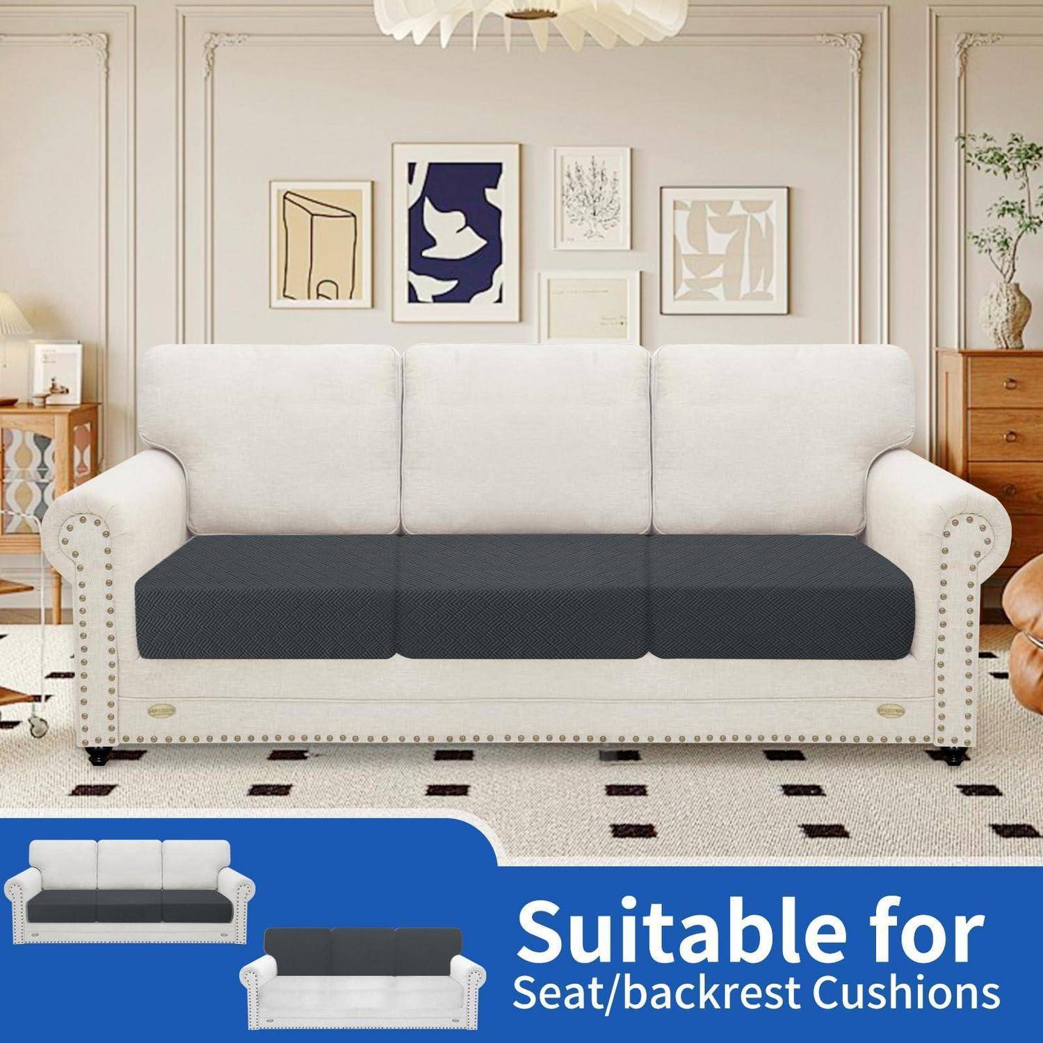 Weiße gepolsterte Couch mit dunklen Sitzkissen in einem Wohnzimmer; eingefügter Text besagt „Geeignet für Sitz-/Rückenlehnen-Kissen".