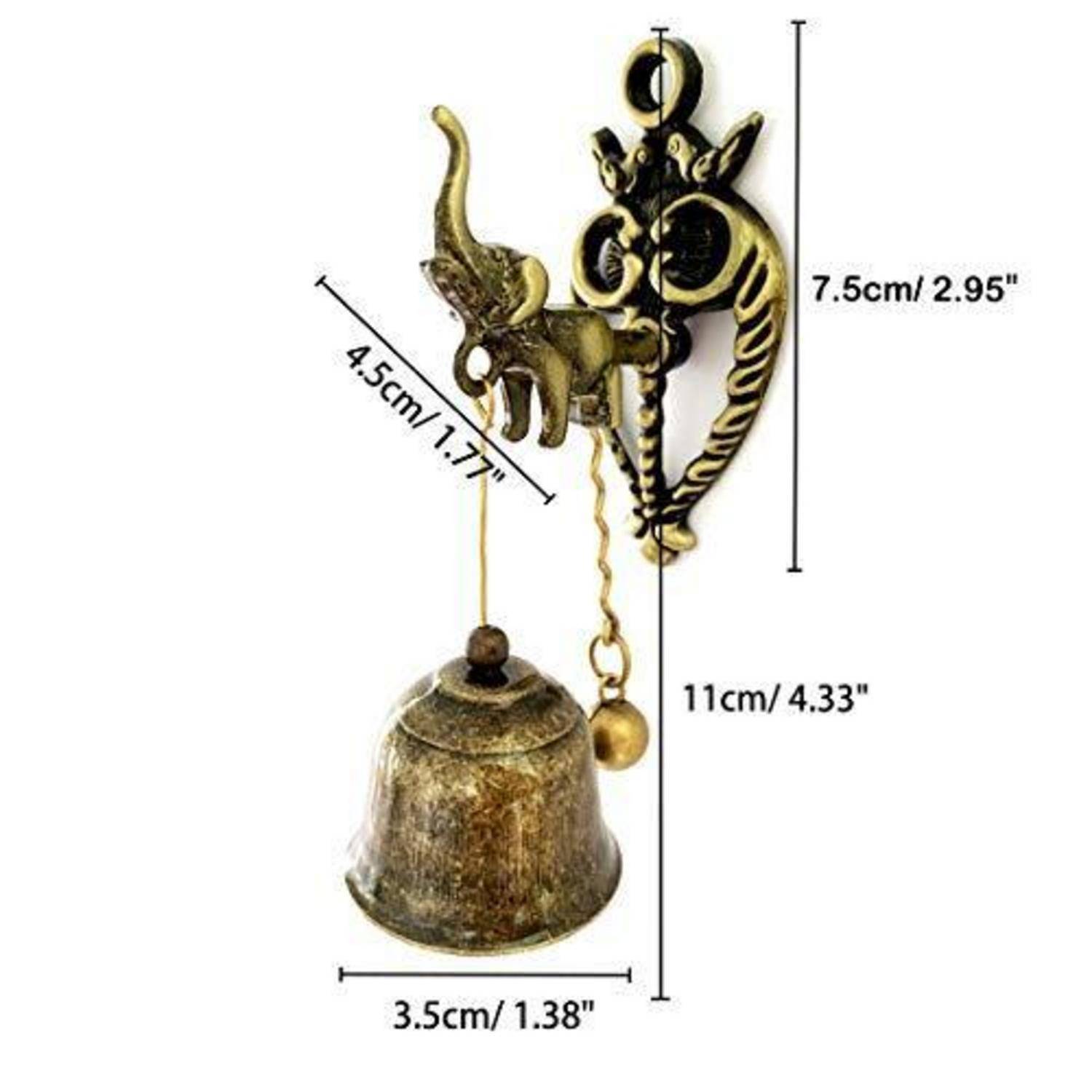 Dekorative an der Wand montierbare Messingglocke mit Elefanten- und Mondsicheldesign, gezeigt mit Abmessungen: 7,5 cm Höhe, 4,5 cm Breite, 11 cm Gesamtlänge, Glocke 3,5 cm Breite.