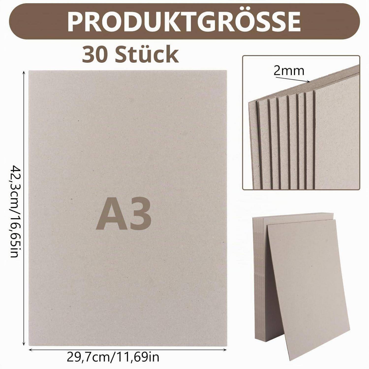 A3-Produktgrößenbild mit 30 Stück; Blatt misst 42,3 cm x 29,7 cm und ist 2 mm dick.