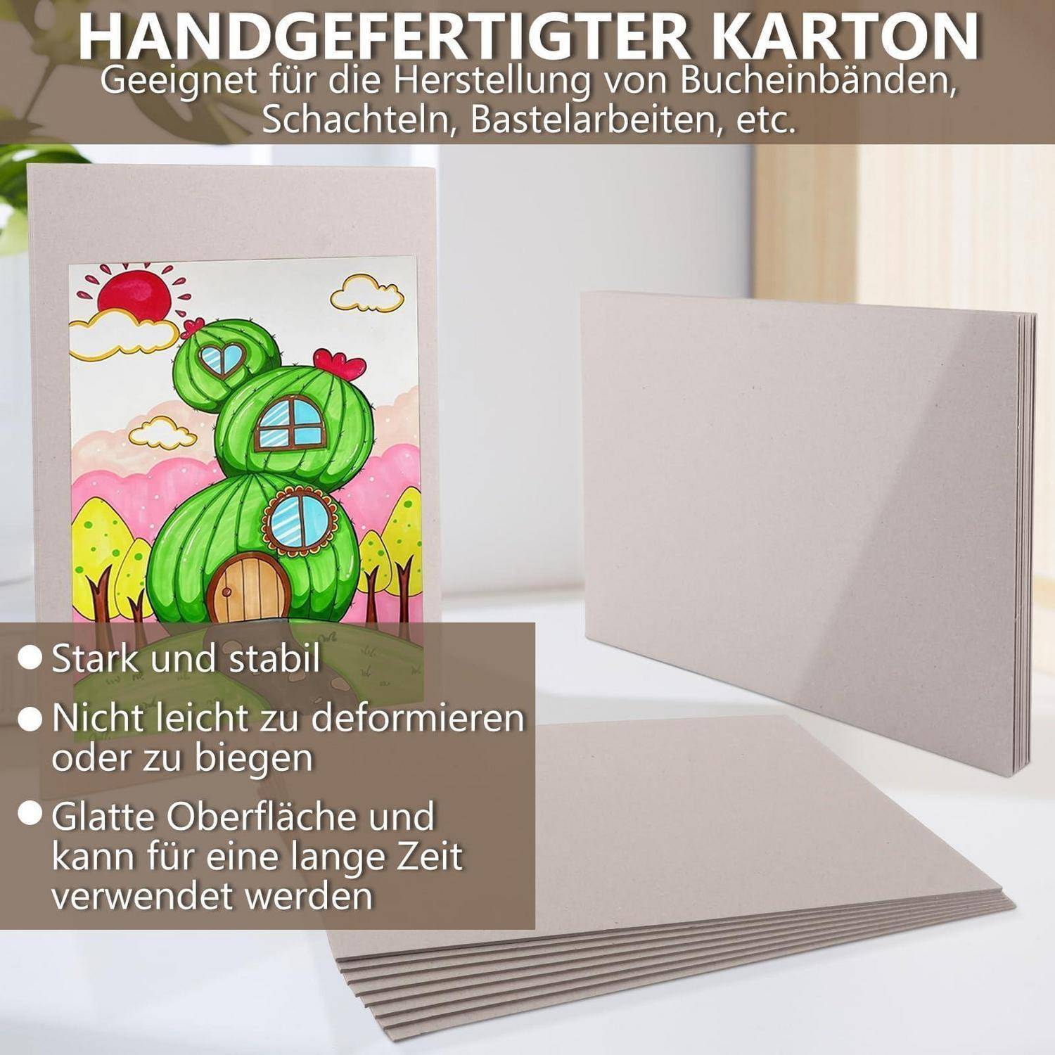 Werbebilder von handwerklichen Kartonblättern zum Buchbinden, für Boxen und Handwerk, zeigen blanke Bretter und einen Musterdeckel mit Dekoration; deutscher Text hebt Festigkeit, Stabilität und glatte Oberfläche hervor.