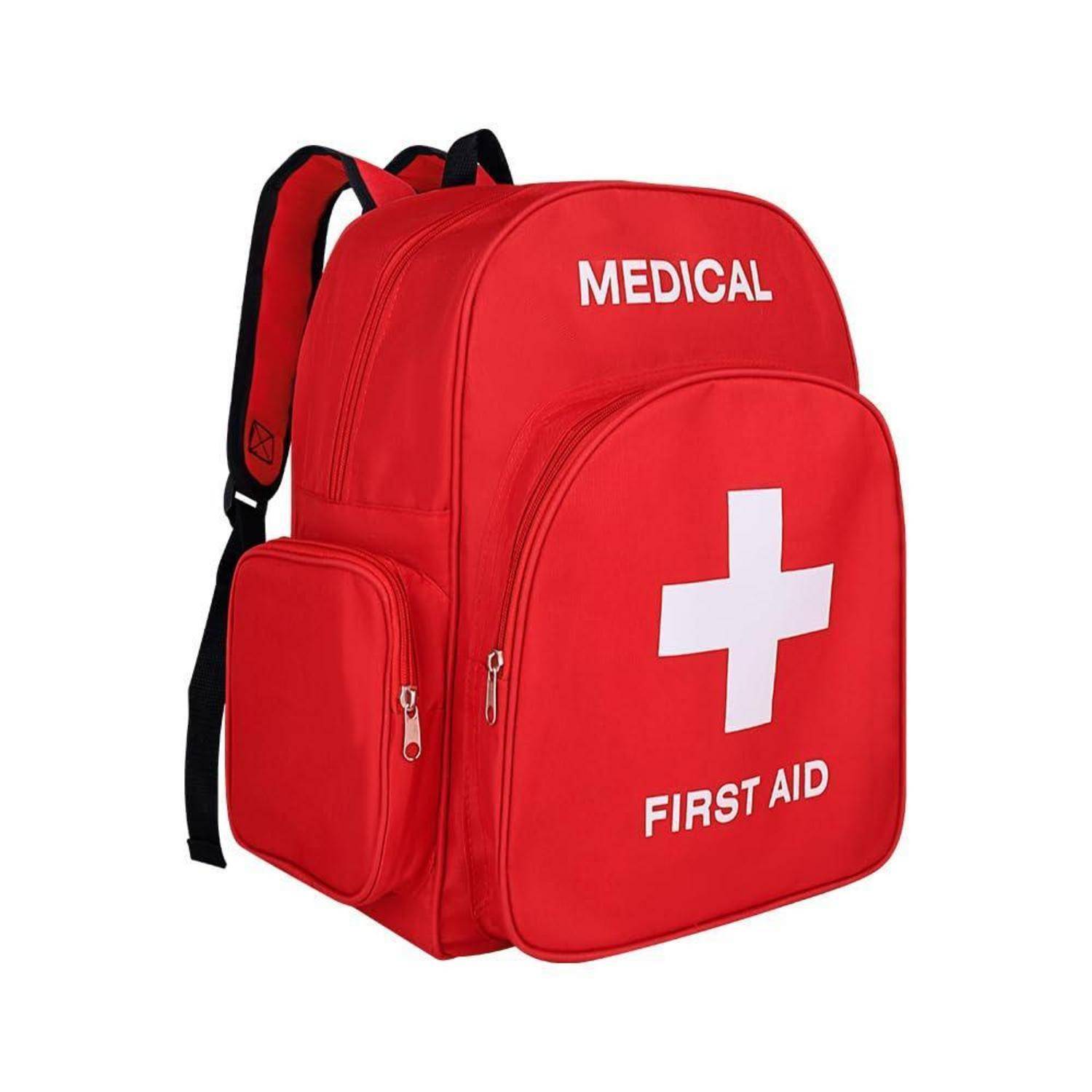 Roter medizinischer Erste-Hilfe-Rucksack mit weißem Kreuz und Text „MEDICAL FIRST AID