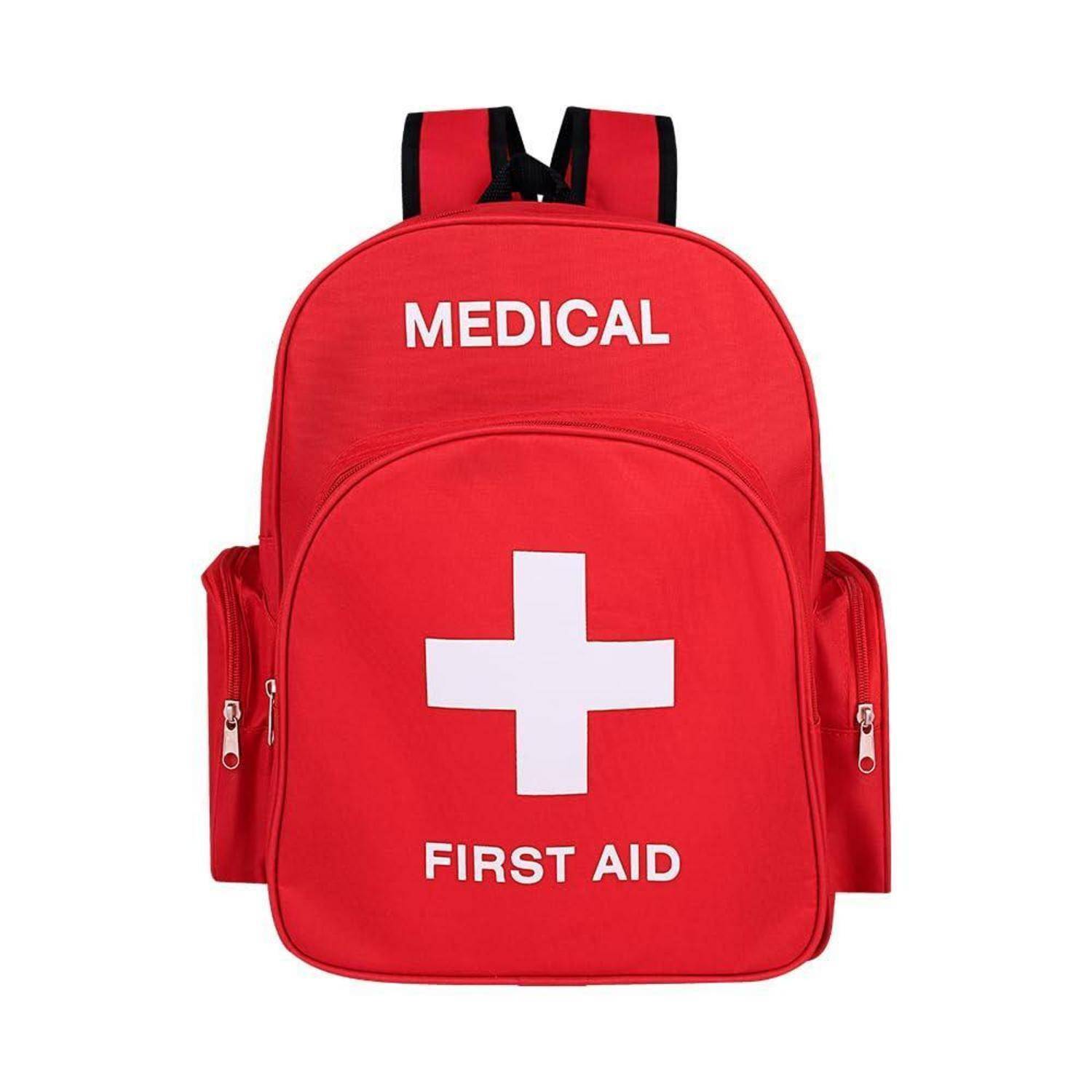 Roter Erste-Hilfe-Rucksack mit weißem Kreuz und den Worten „MEDICAL" und „FIRST AID"" auf der Vorderseite gedruckt.