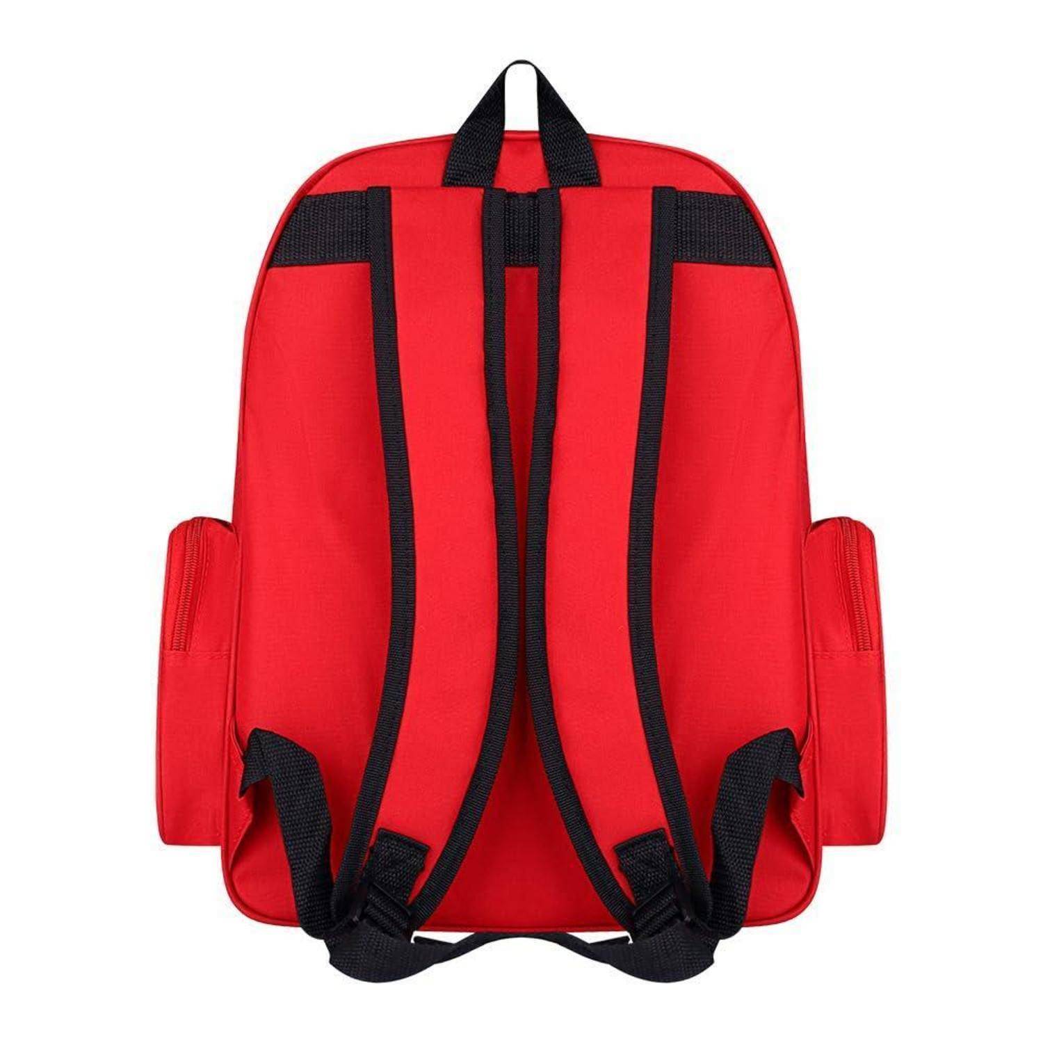 Roter Rucksack von hinten gezeigt mit schwarzen Schultergurten, Griff oben und Seitentaschen auf weißem Hintergrund.