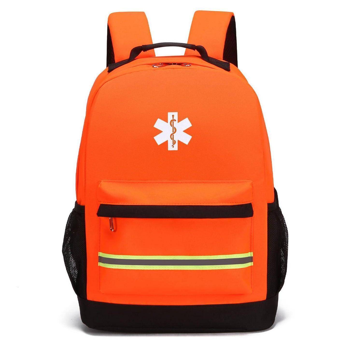 Leuchtend orangener medizinischer Notfallrucksack mit weißem Davidstern-Symbol, Vordertasche, reflektierendem Streifen und schwarzem Rand auf weißem Hintergrund.