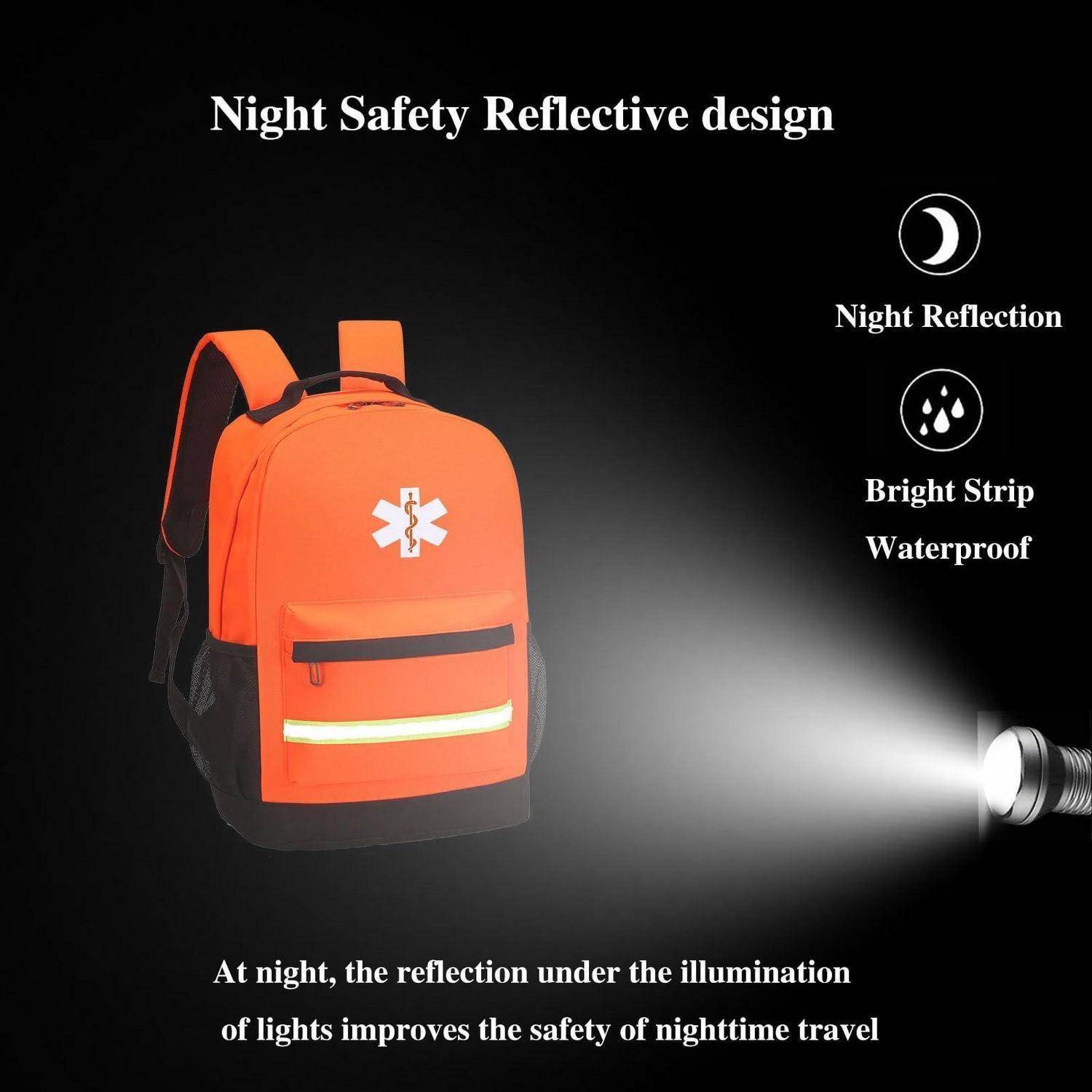 Orangener Rucksack mit reflektierendem Streifen und Medizinsymbol, unter einer Taschenlampe leuchtend dargestellt, um Nachtsicherheit, Wasserfestigkeit und Sichtbarkeit hervorzuheben.