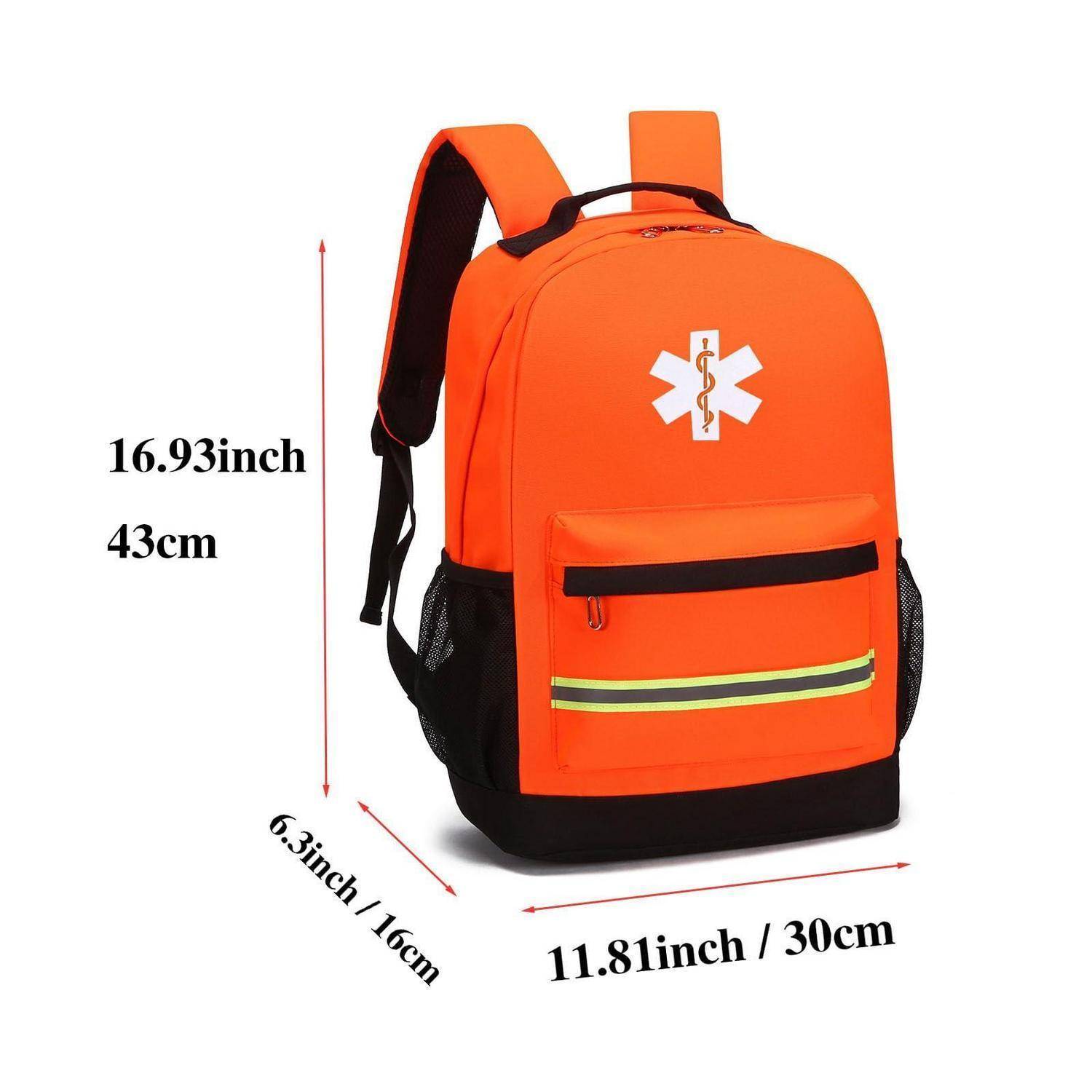Oranger und schwarzer Notfall-Rucksack gezeigt mit Abmessungen: 16,93 Zoll (43 cm) hoch, 11,81 Zoll (30 cm) breit und 6,3 Zoll (16 cm) tief.