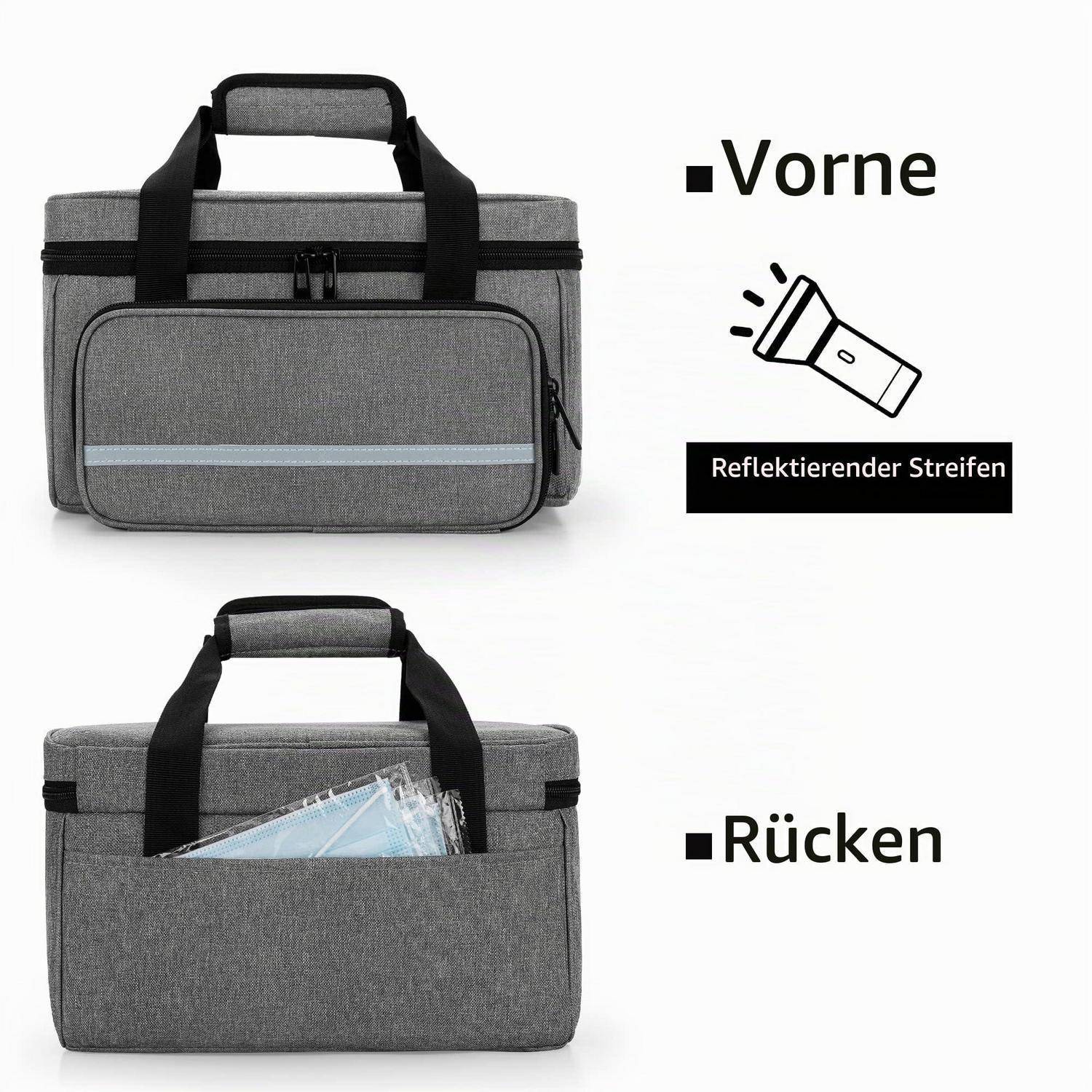 Grauer isolierter Tragebeutel von vorne und hinten gezeigt; die Vorderseite hat einen reflektierenden Streifen, die Rückseite hat eine offene hintere Tasche mit sichtbaren Gegenständen.