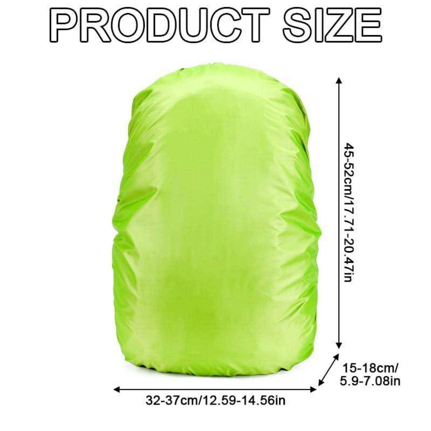 Größendiagramm einer grünen Rucksackschutzhülle mit folgenden Abmessungen: 45-52 cm Höhe, 32-37 cm Breite und 15-18 cm Tiefe.