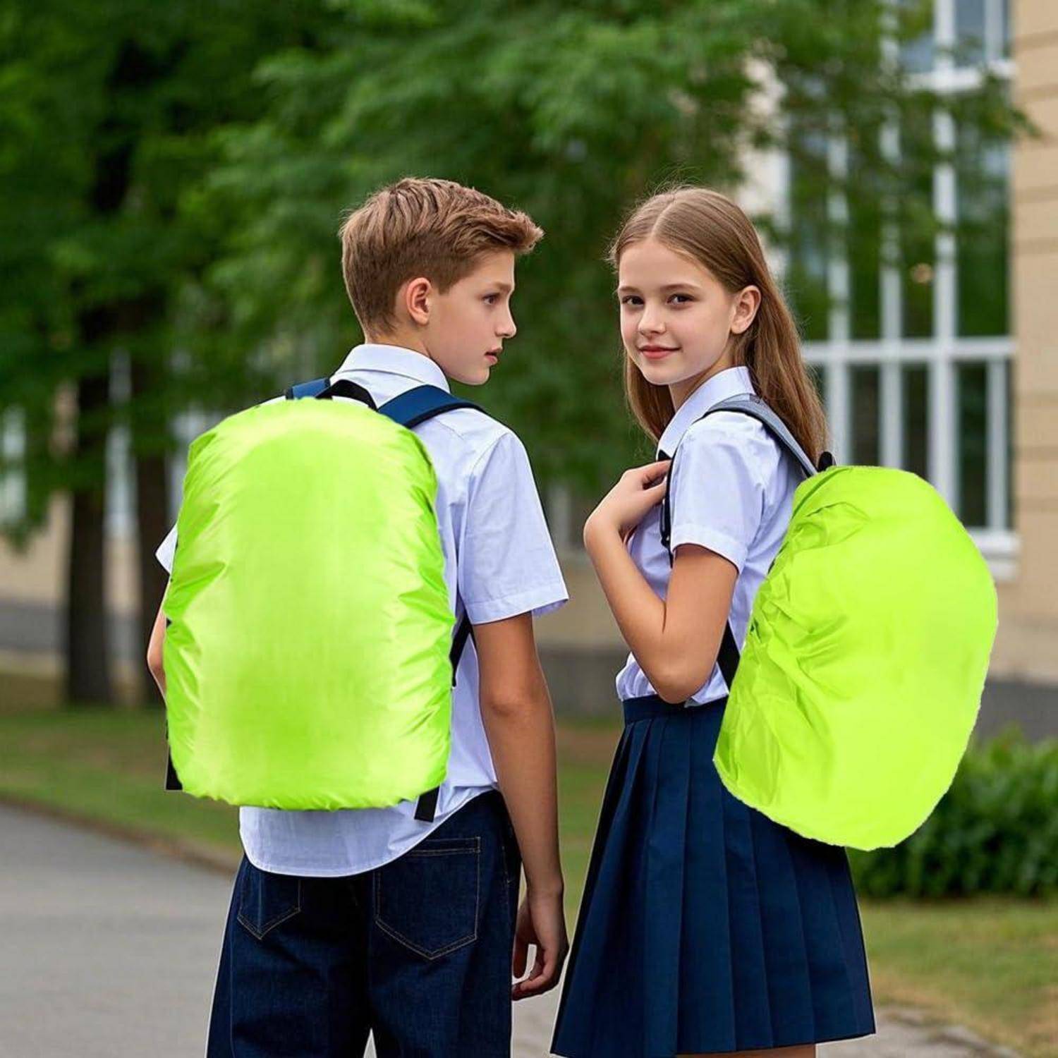 Zwei Schulkinder in Uniformen, die leuchtend neongrüne Rucksacküberzüge tragen, stehen im Freien und schauen zur Kamera zurück.