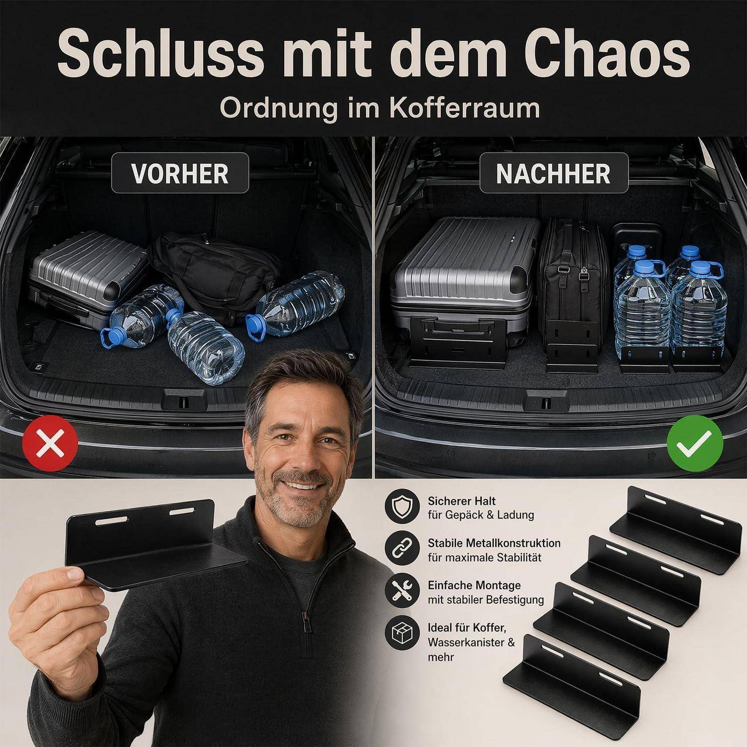 Werbeabbildung, die einen ungeordneten Autokofferraum „VORHER" mit lockeren Taschen und Flaschen mit einem ordentlichen „NACHHER""-Kofferraum mit organisiertem Gepäck und Wasserbehältern vergleicht, plus ein Mann, der einen Metallladungsteiler hält.