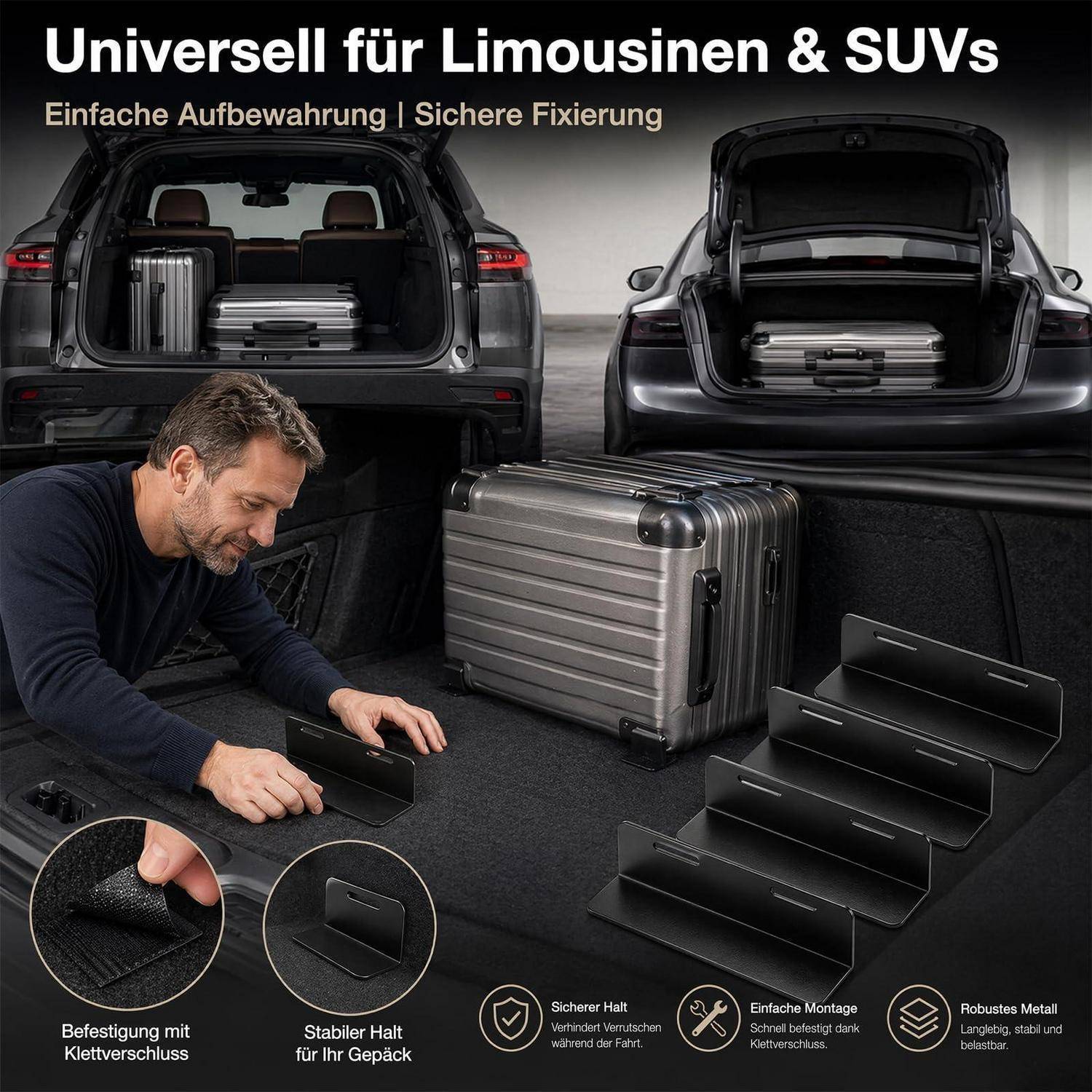 Werbebild zeigt universelle Kofferraumorganizer/Trennwand für Limousinen und SUVs, mit gesicherten Koffern in Autokofferräumen und einem Mann, der das Metallgestell installiert.