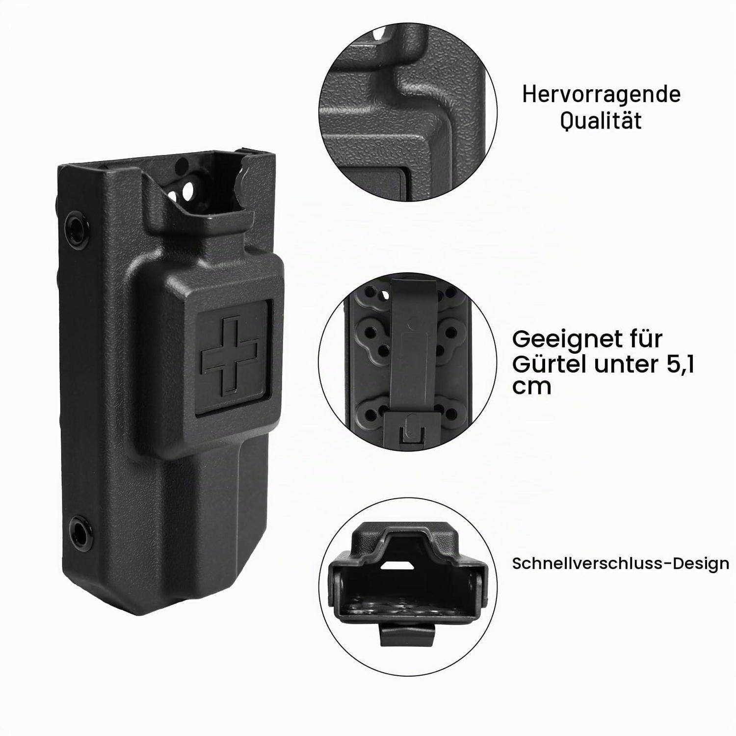 Schwarze Schnellverschluss-Gürtelclip-Tasche mit Kreuzemblem; Beschriftungen zeigen 'Hervorragende Qualität', passt auf Gürtel unter 5,1 cm, und 'Schnellverschluss-Design'.