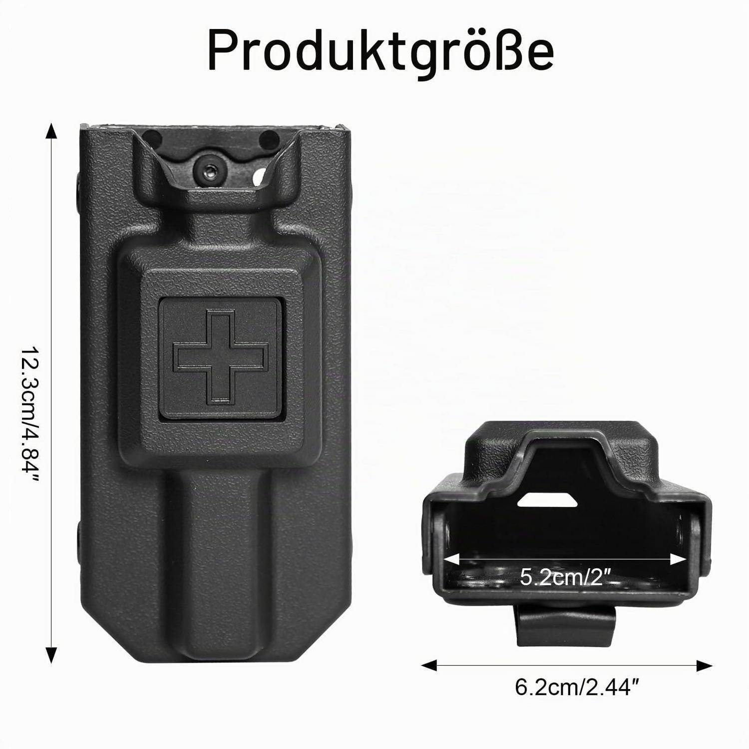 Größendiagramm eines schwarzen Kunststoffgeräts: 12,3 cm hoch, 6,2 cm breit und 5,2 cm breit an der Öffnung.