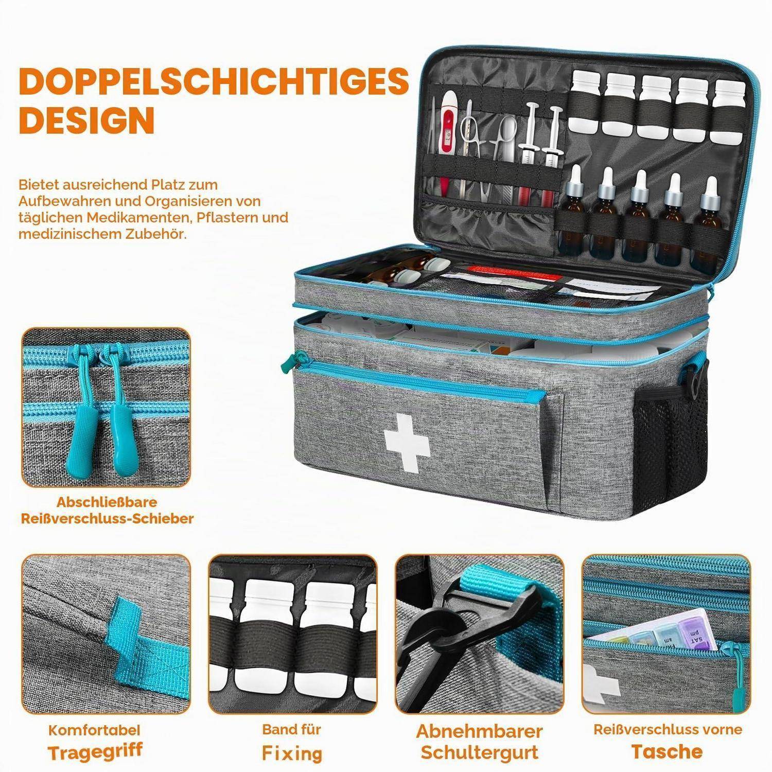 Zweistufige medizinische Organizer-Tasche, offen mit Fächern für Medikamente und Materialien; mit Reißverschluss, Tragehenkel und abnehmbarem Schultergurt.