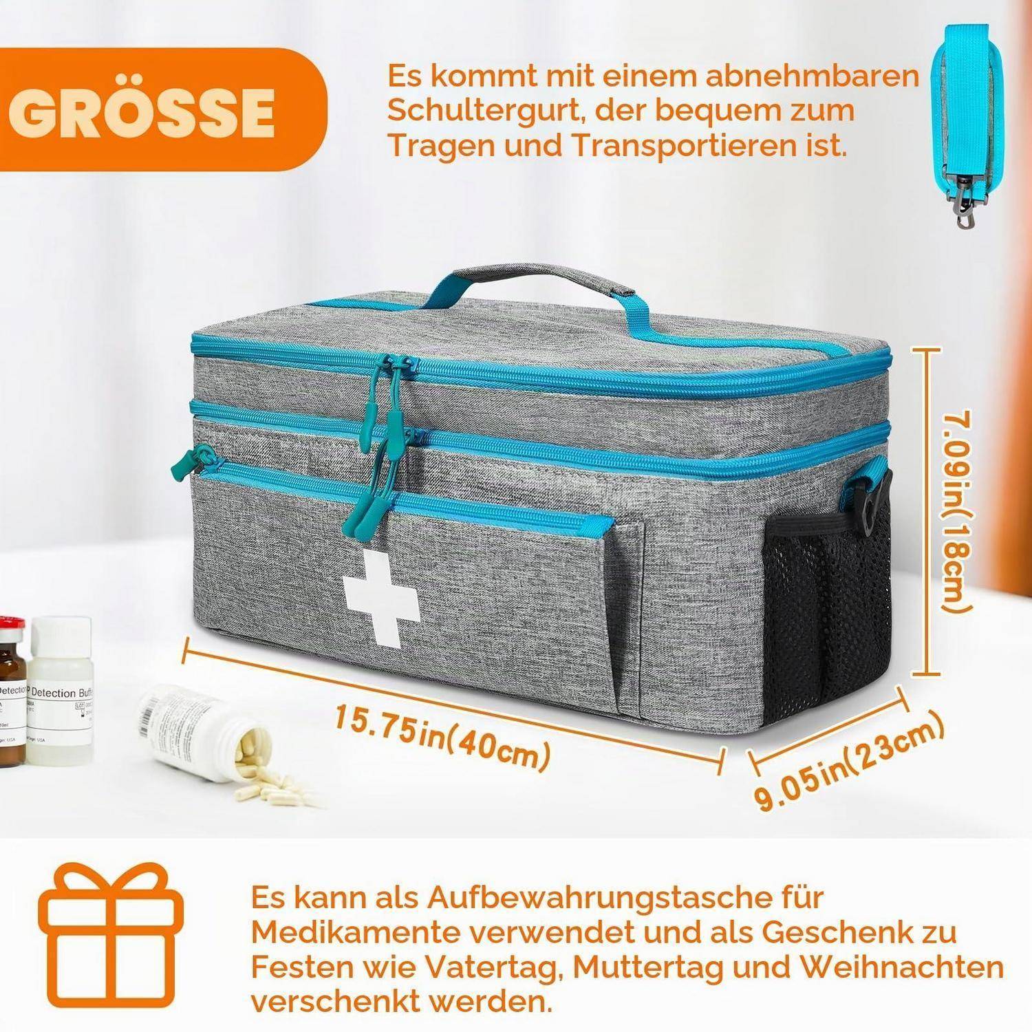 Isolierte graue medizinische Tasche mit blauen Reißverschlüssen und Griff, gezeigt mit Größenetikett 15,75 x 9,05 x 7,09 Zoll, abnehmbarem Schultergurt und Hinweis zur Lagerungsnutzung.
