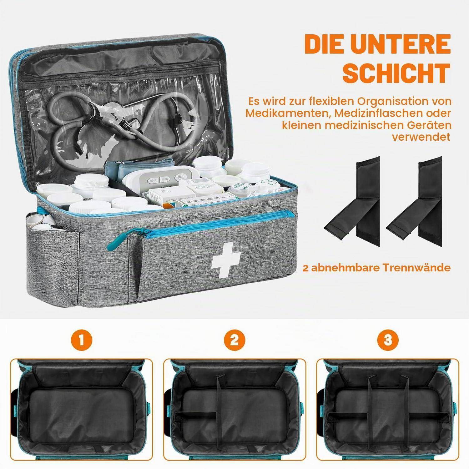 Deutsches Produktbild einer medizinischen Organizer-Tasche mit unterer Abteilung, das abnehmbare Trennwände für flexiblen Stauraum zeigt; enthält drei Layoutbeispiele und den Text „2 abnehmbare Trennwände".