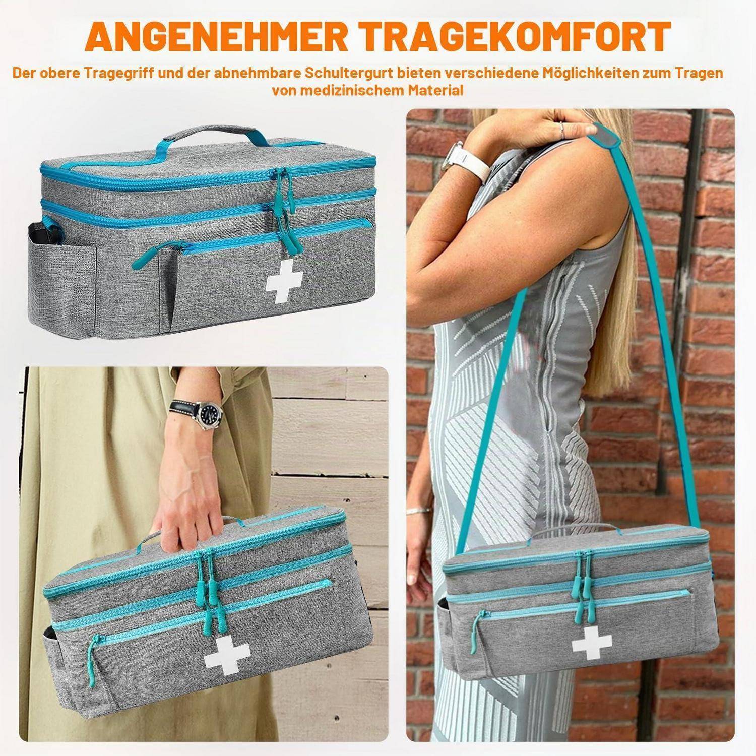 Infografik zeigt eine graue Arzttasche mit blauen Reißverschlüssen und einem weißen Kreuz, wobei der obere Tragegriff und der abnehmbare Schultergurt für einfachen Transport hervorgehoben werden.
