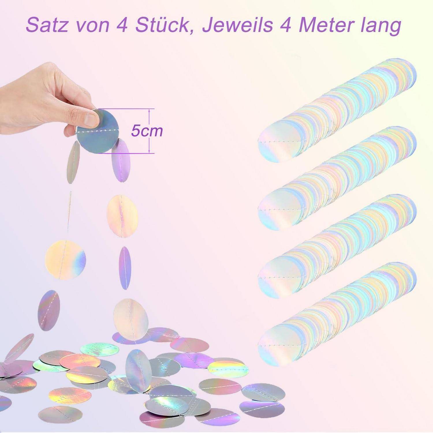 Produktbild zeigt ein Set aus 4 holografischen Hängdekosträngen, jeder 4 Meter lang, mit 5 cm großen runden Scheiben.