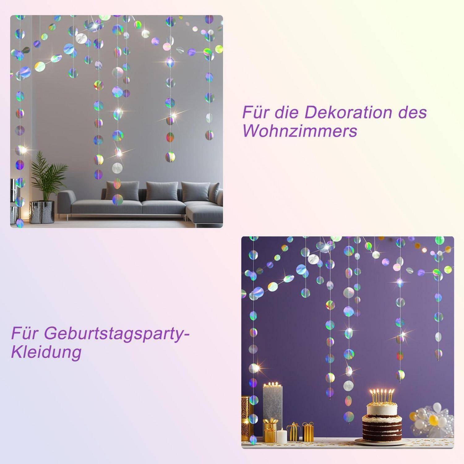 Dekorative hängende Perlenstränge mit Iriseffekt zur Raumdekoration und zum Styling von Geburtstagsparty-Outfits, gezeigt in Wohn- und Partyszenen.