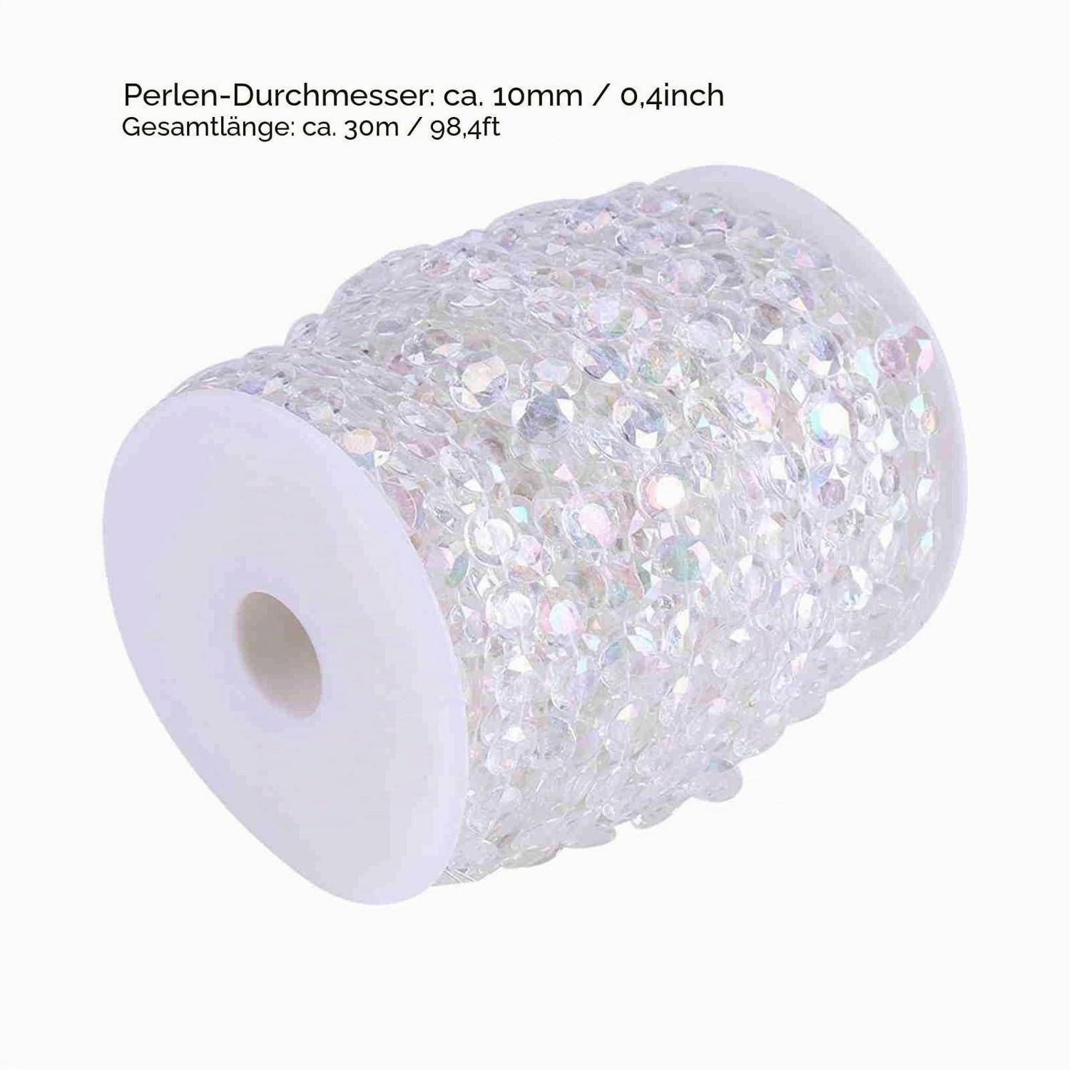 Rolle mit klaren schillernden Kristallperlen; Text besagt Perlendurchmesser etwa 10 mm und Gesamtlänge etwa 30 m.