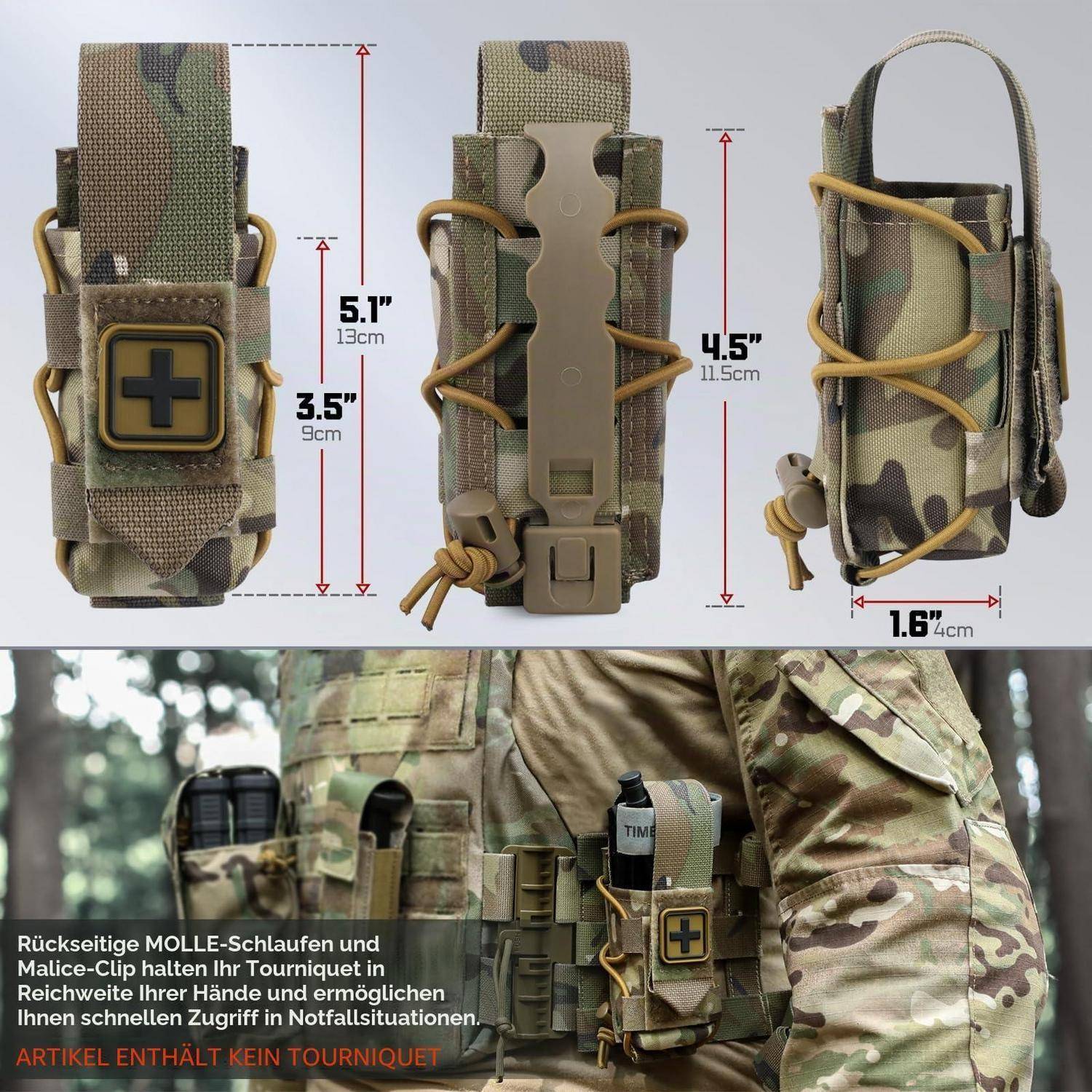 Tarnungs-Tourniquet-Tasche, von vorne, hinten und seitlich mit Maßen dargestellt; das untere Foto zeigt sie an der MOLLE-Ausrüstung eines Soldaten an einer Uniform befestigt.